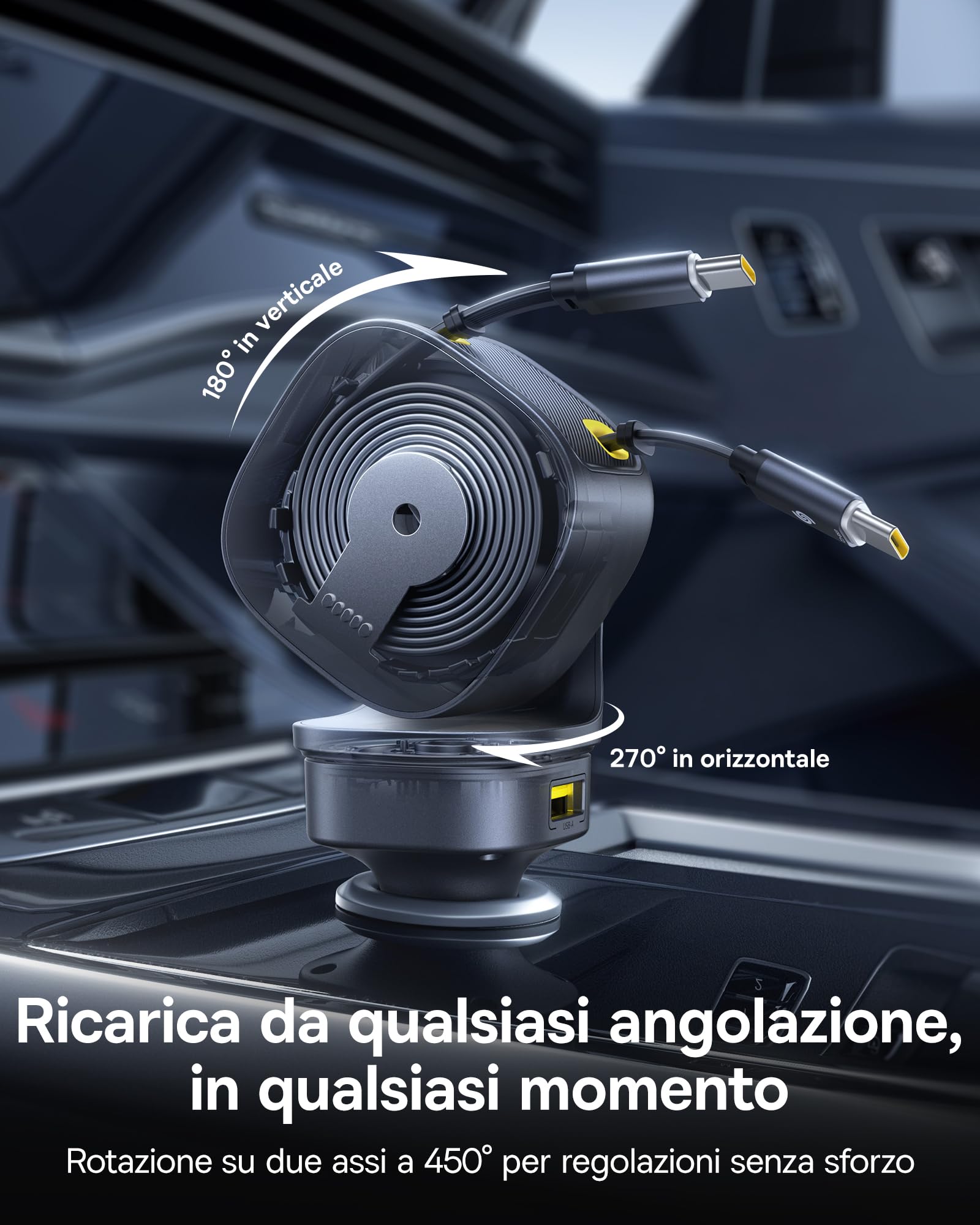 Baseus Caricatore Auto Retrattile 163W, Adattatore di Ricarica Rapida 4 Porte USB-C/USB con Doppio Cavo 67W Integrato, Regolabile a 450°, Caricatore Compatto per Laptop, Tablet, Smartphone