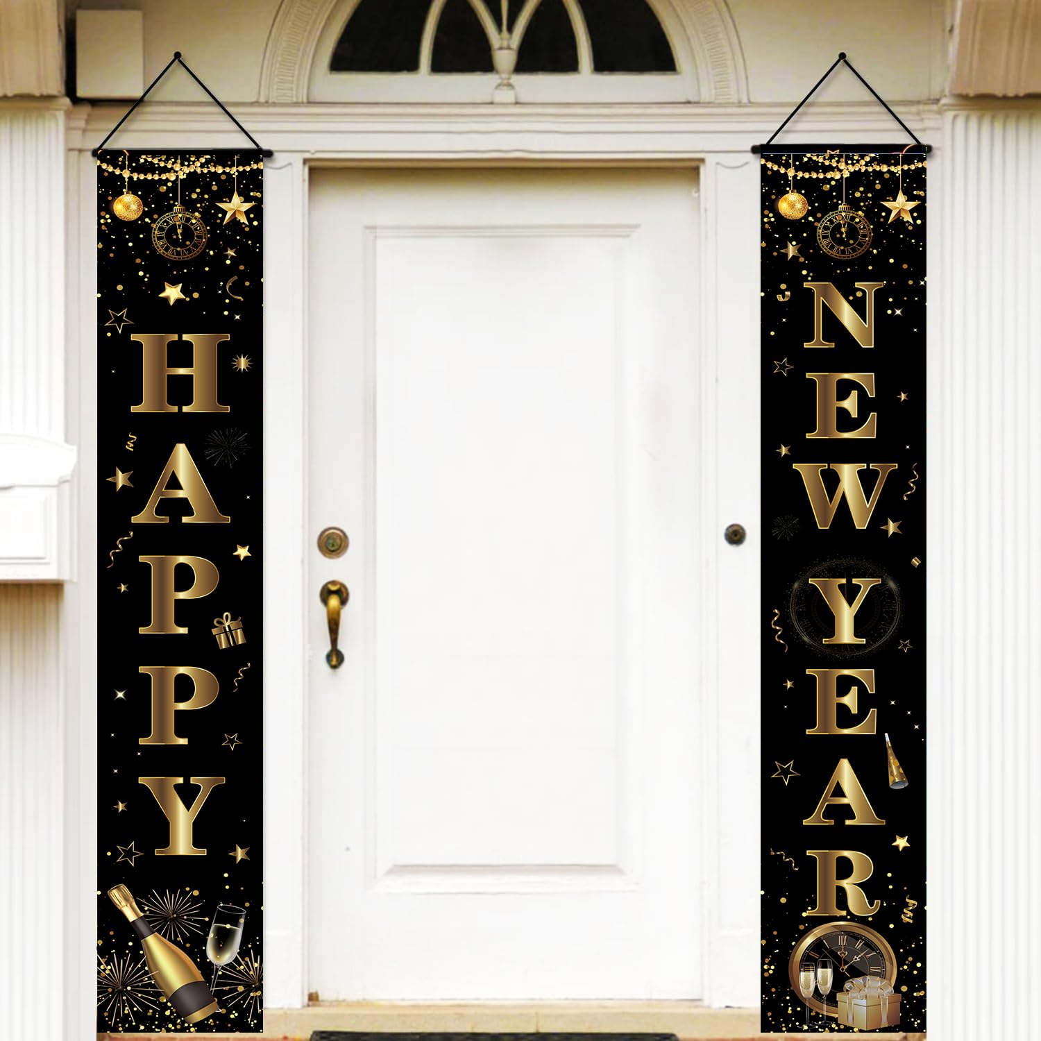 2026 Happy New Year Decorations Nye Eve Party Supplies Banner Porch Sign for Front Door Yard Decor Outdoor Indoor Black Gold