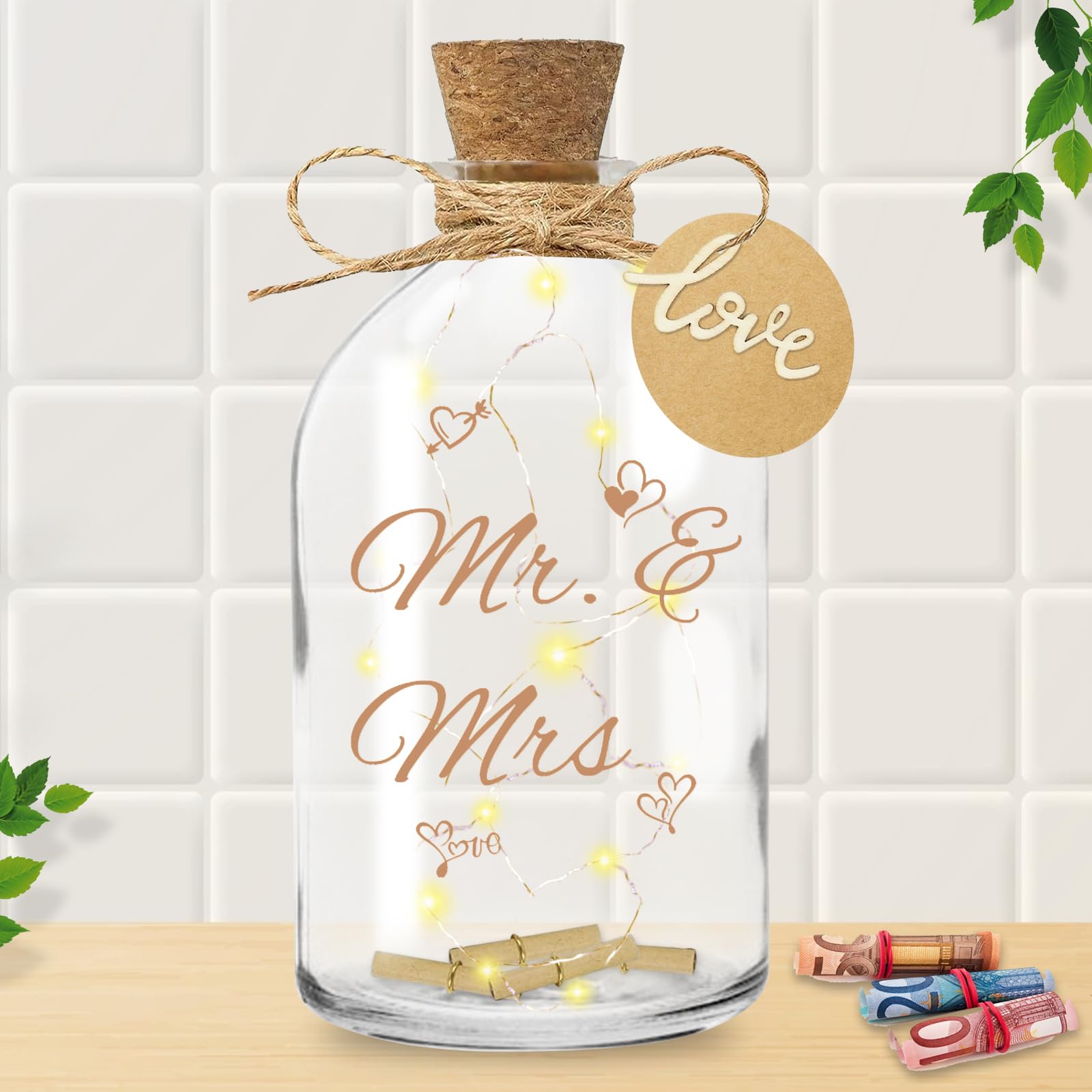 Mecctuck Regalo de boda, regalo de dinero, boda, botella LED, hucha para boda, regalo de boda, personalizado, regalo de dinero, regalo de boda, regalos de boda para novios