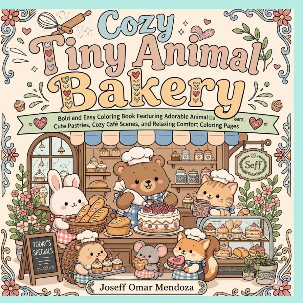 Cozy Tiny Animal Bakery: Bold and Easy Coloring Book Featuring Adorable Bakery Animals, Cozy Café Scenes, Cute Pastries, and Relaxing Stress-Relieving Designs for All Ages