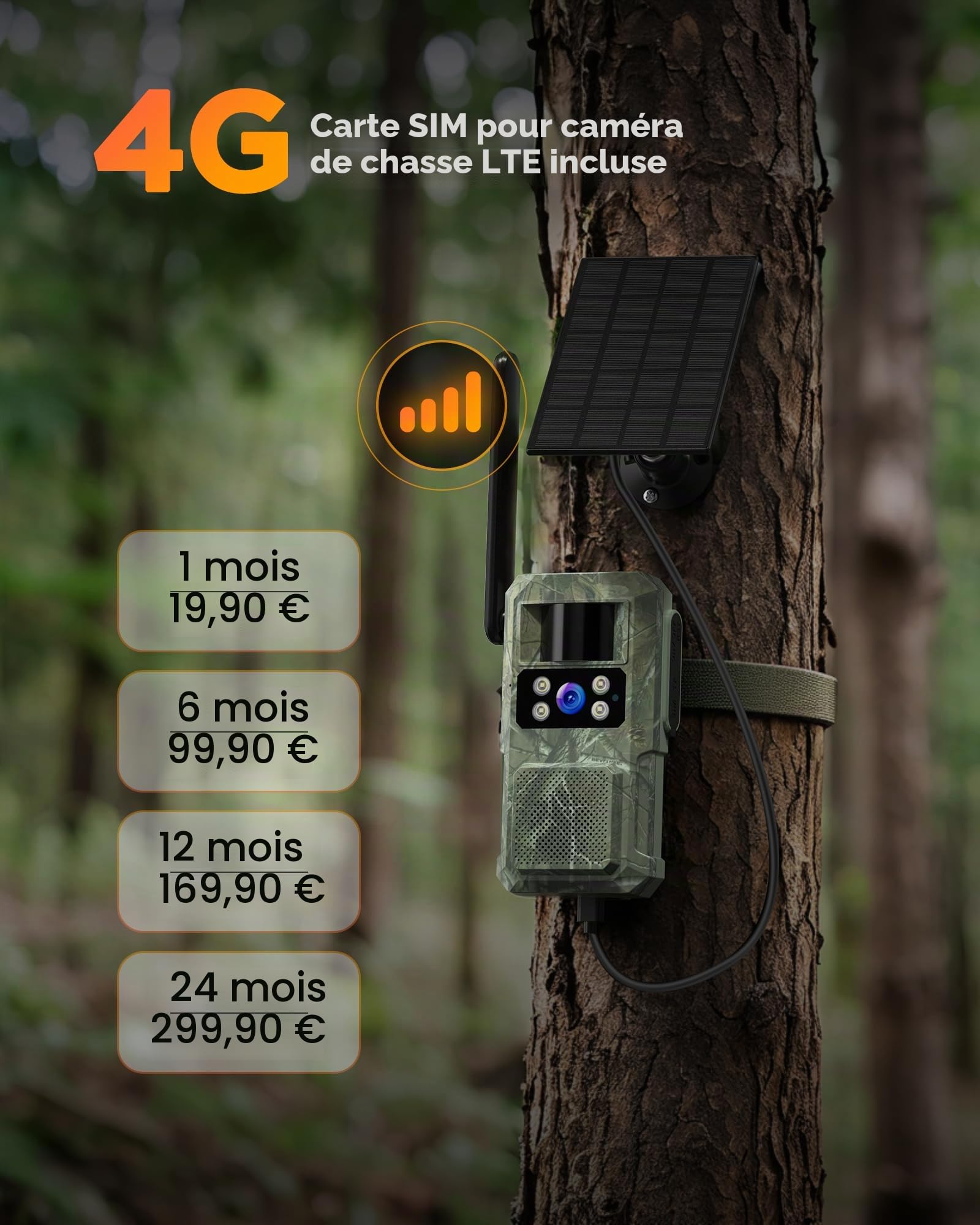 BECAMSO 4G LTE Camera de Chasse Solaire: 2.7K HD Caméra Surveillance Exterieur sans Fil - Couleur Vision Nocturne Animaux Cameras avec Carte SIM 8000mAh Batterie IP66 Imperméable