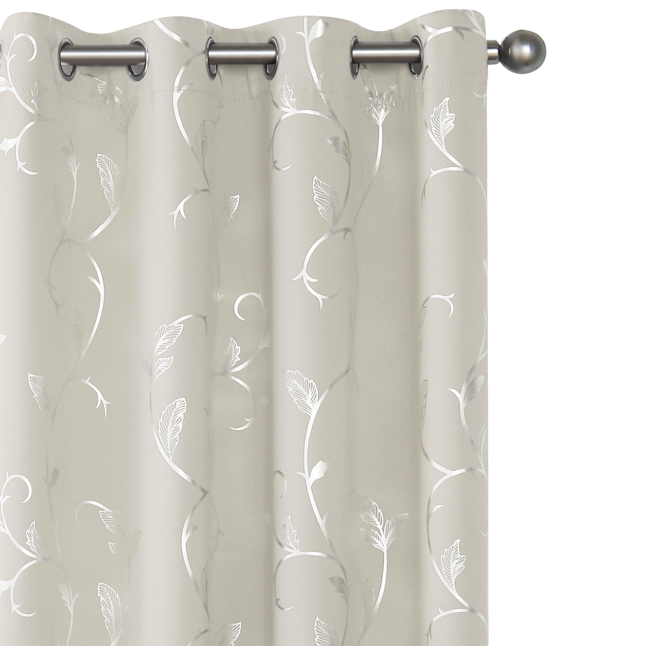 BUHUA Blackout Curtains Silver Foil Print Flower Vine Grommet Drapes, Room Darkening Thermal Insulated Curtains, Noise Reducing Curtain for Bedroom, Natural, 52Wx96L, 2 Panels โ image 1