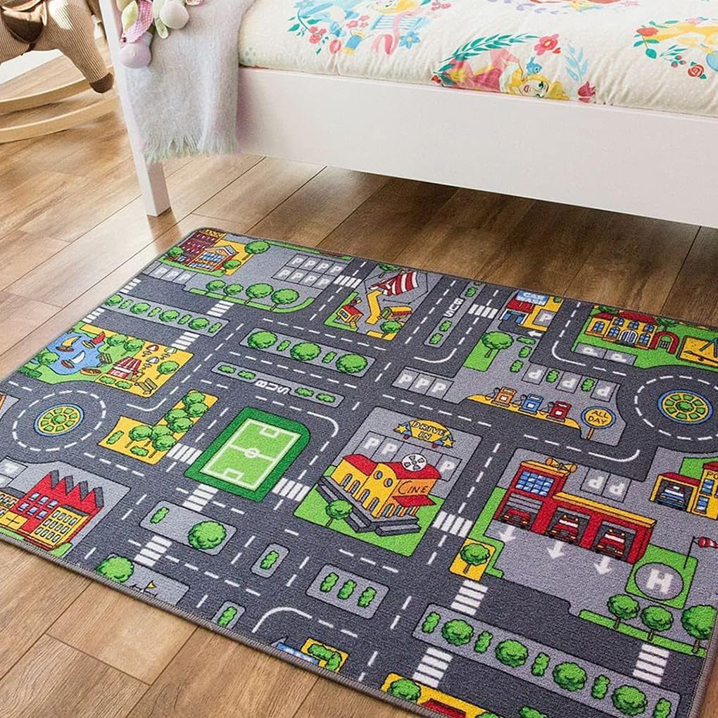 Auto Spielmatten für Kinder, pädagogischer Verkehrs,90x140cm | für die kindliche Entwicklung | Weiche Kinder Krabbelmatte, Plüsch Spielmatte
