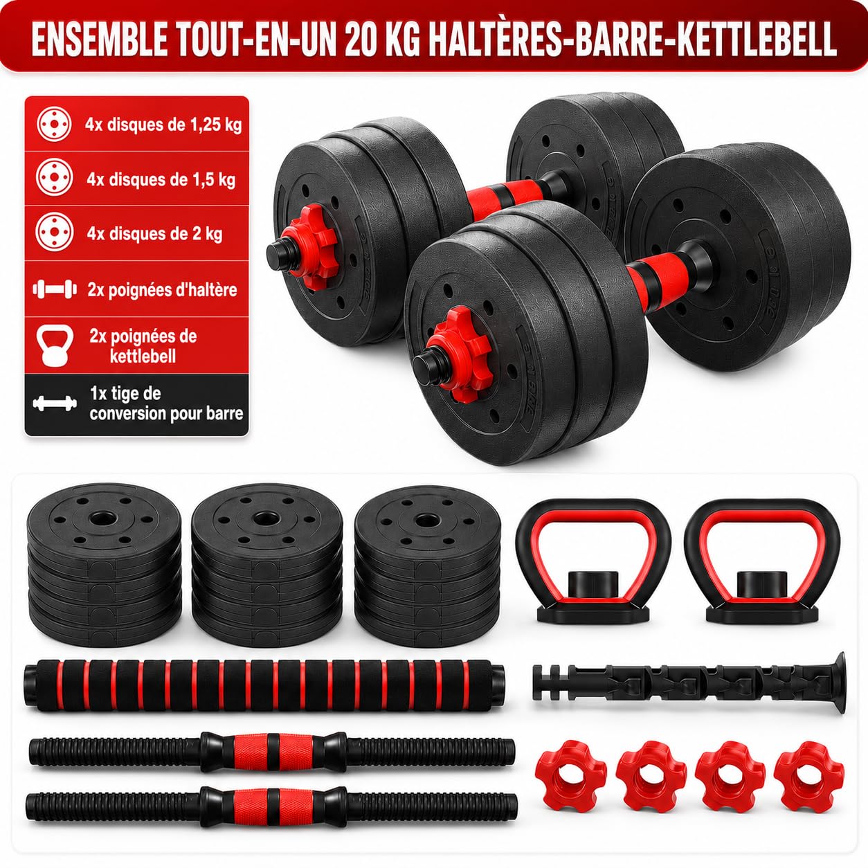 Verstellbares Hantelset mit Langhantel Funktion, Kurzhantel Set für Home Gym Krafttraining, Fitness Hanteln für Damen und Herren