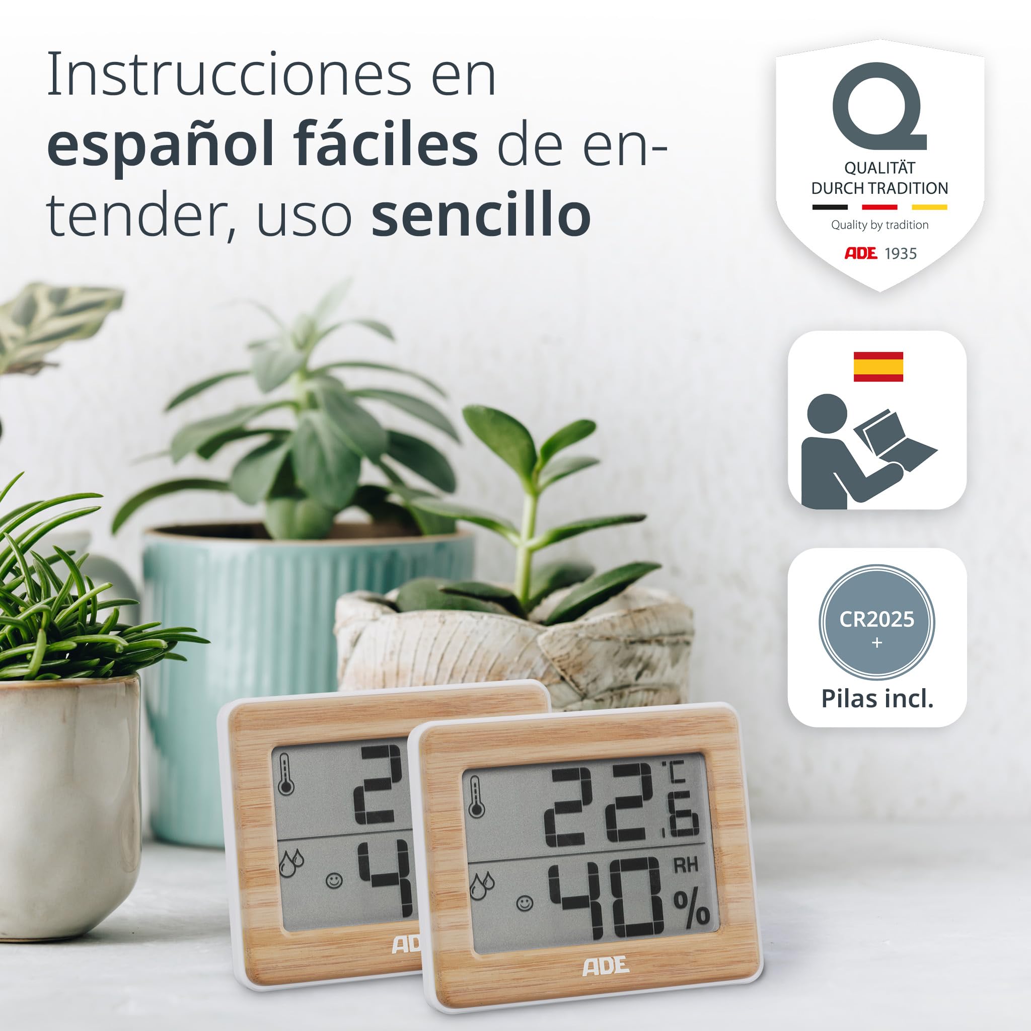 ADE Higrómetro digital para indicar la humedad y la zona de confort | termómetro con indicación precisa de la temperatura | pantalla LCD | bambú | 2 piezas