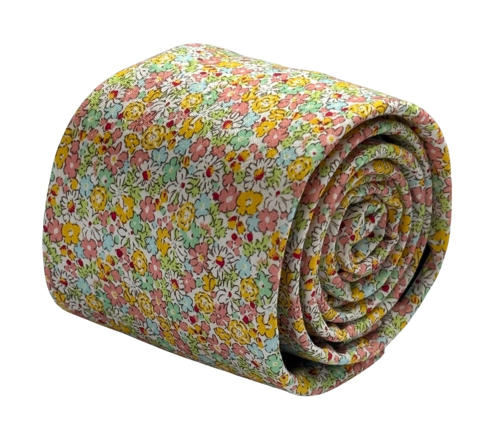 Frederick Thomas Liberty Style Fabric Floral Tie, Men's English Meadow Wildflower Design, Pink and Yellow, 147cm length, 6.5cm Width