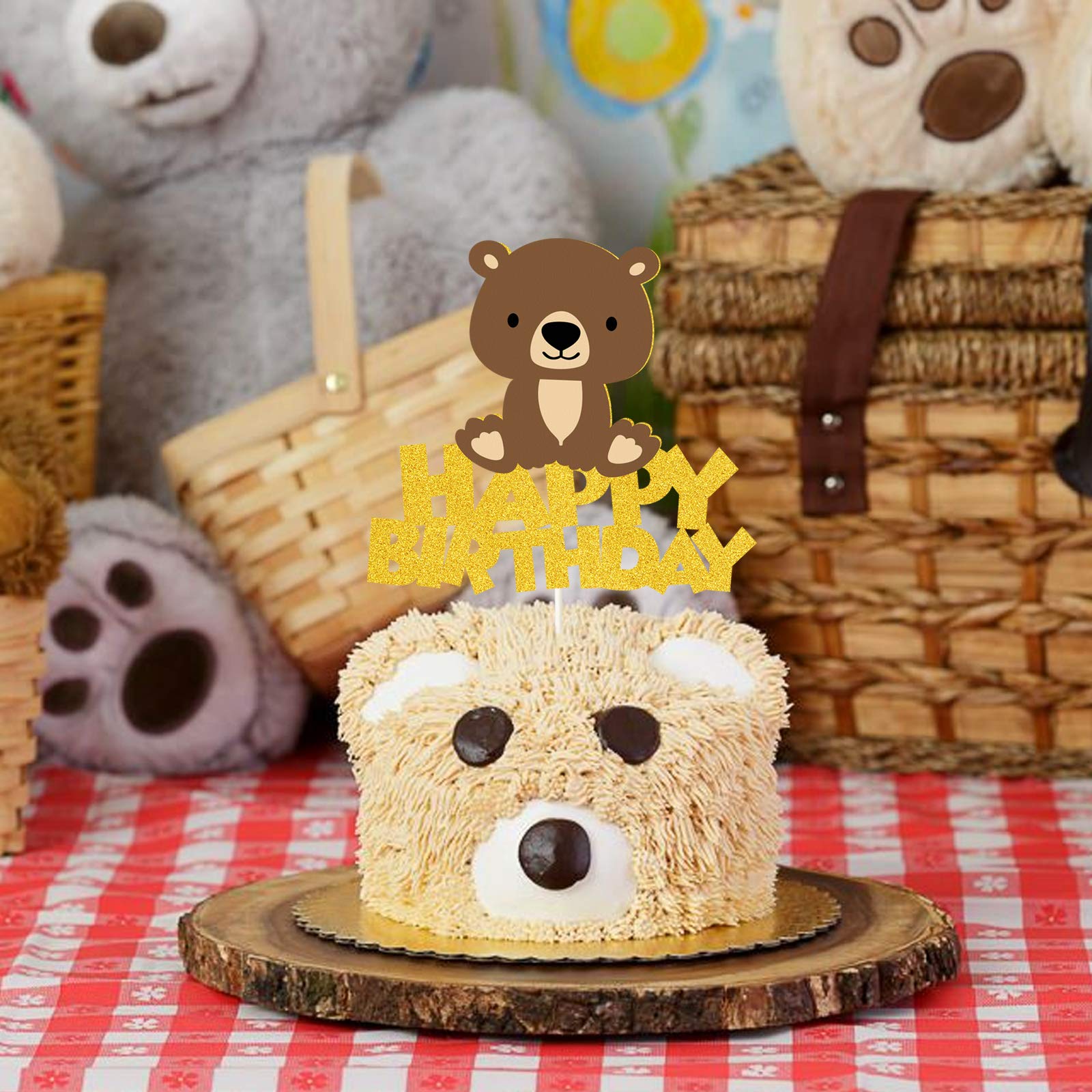 Camping Bear Theme Cake Topper - Brown Glitter Woodland Baby Shower Birthday Party Decor