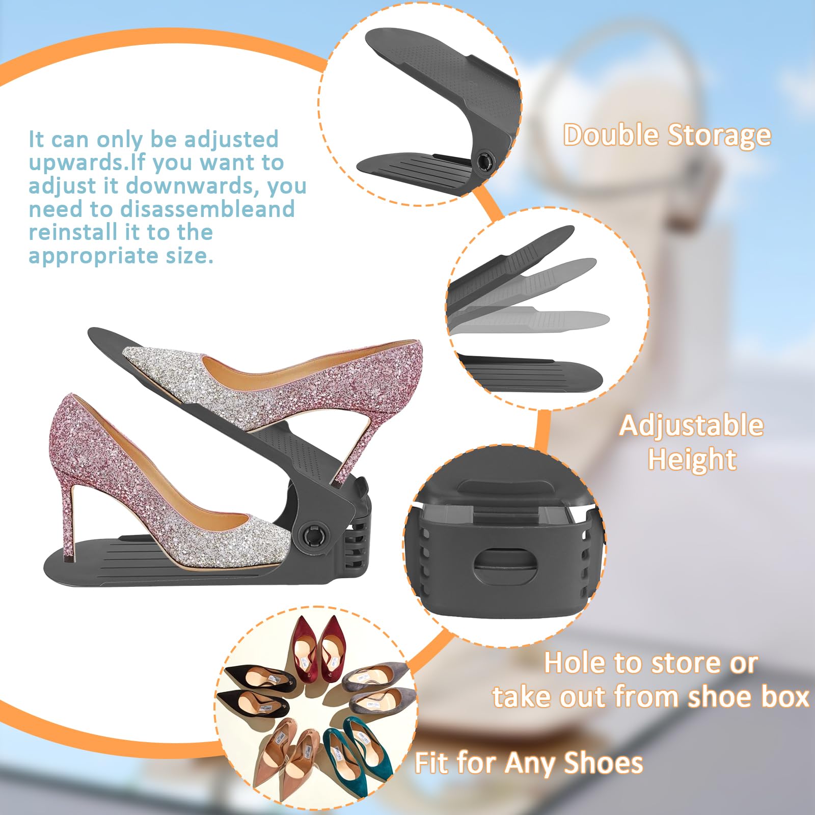 Organizzatore Scarpe Salvaspazio - Set 24 Portascarpe Regolabili In Plastica, 4 Altezze, Grigio Scuro - Foto 3