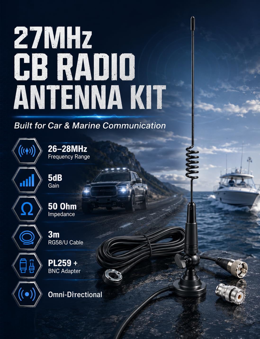 Superbat Antenna radio CB 26-28MHz 5dBi PL259/BNC, cavo RG58 da 3 m