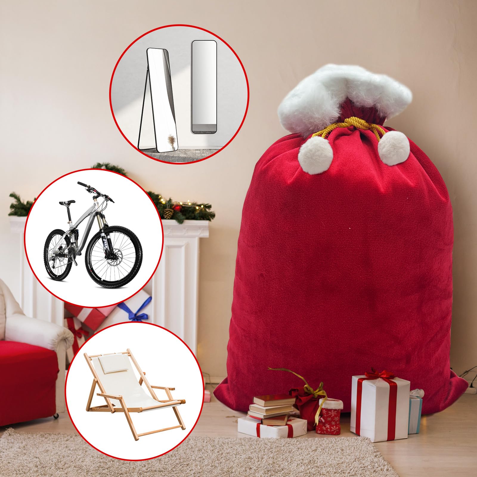 Jemgmonn Saco gigante de terciopelo de 70 x 58 pulgadas, bolsas de regalo de Navidad con cordón, reutilizable, envoltura de regalo de Navidad para bicicleta de regalo grande (rojo)