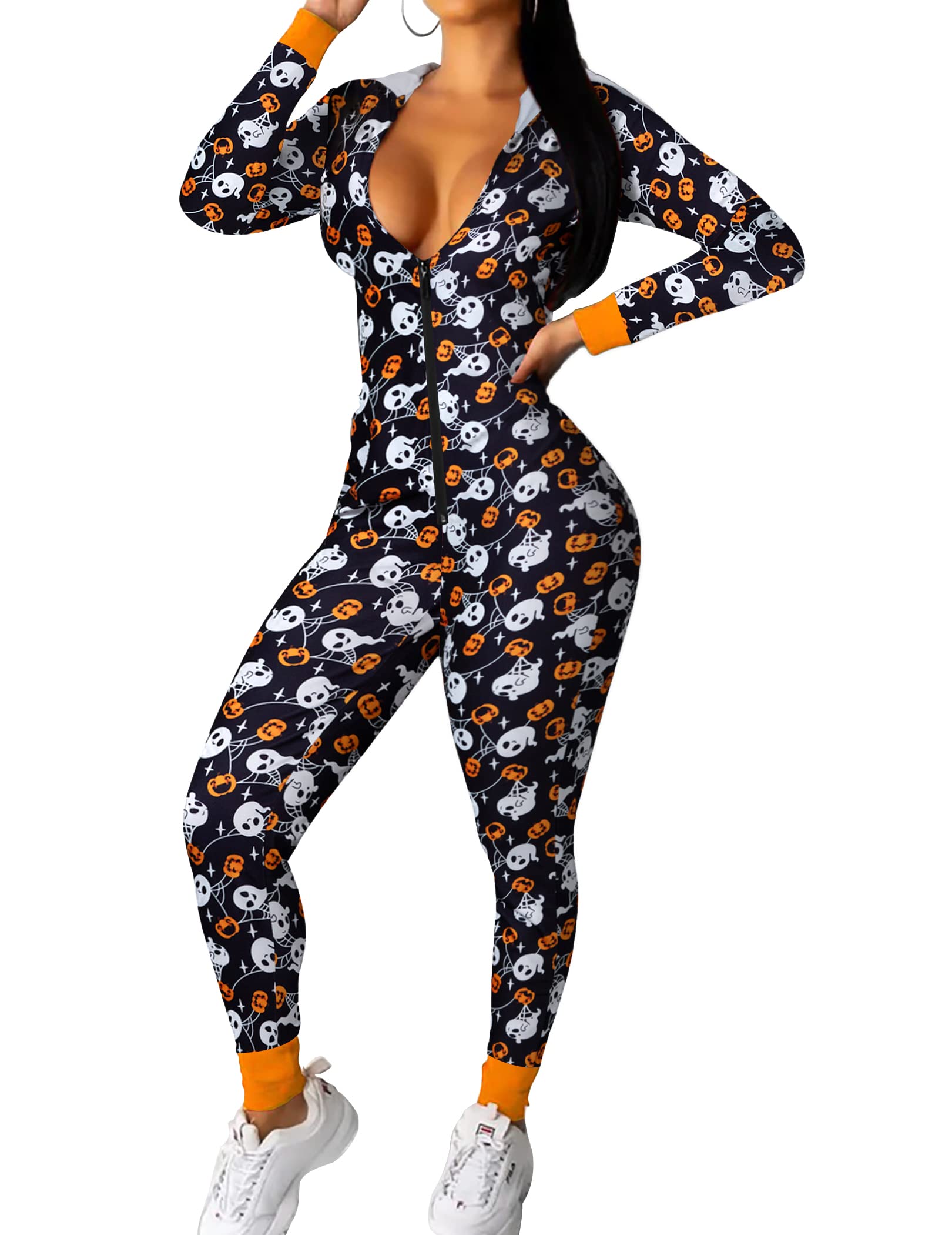 Ekouaer Christmas Onesie Women Sexy Pajamas Zipper Halloween One Piece Bodycon Outfit Jumpsuit Costume S-XXL