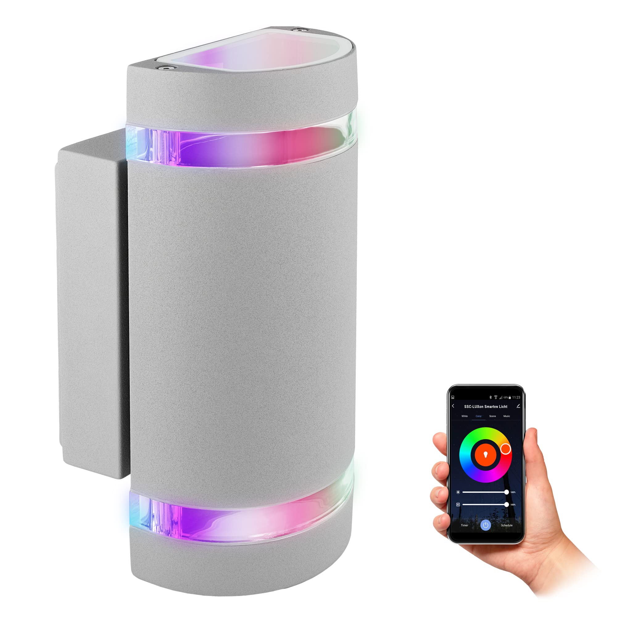 SSC-LUXon ZORA Wandleuchte Außen Up & Down rund IP44 hellgrau – 2x Smart WLAN GU10 RGB LED – Alexa Wandlampe kompatibel mit Google & Siri