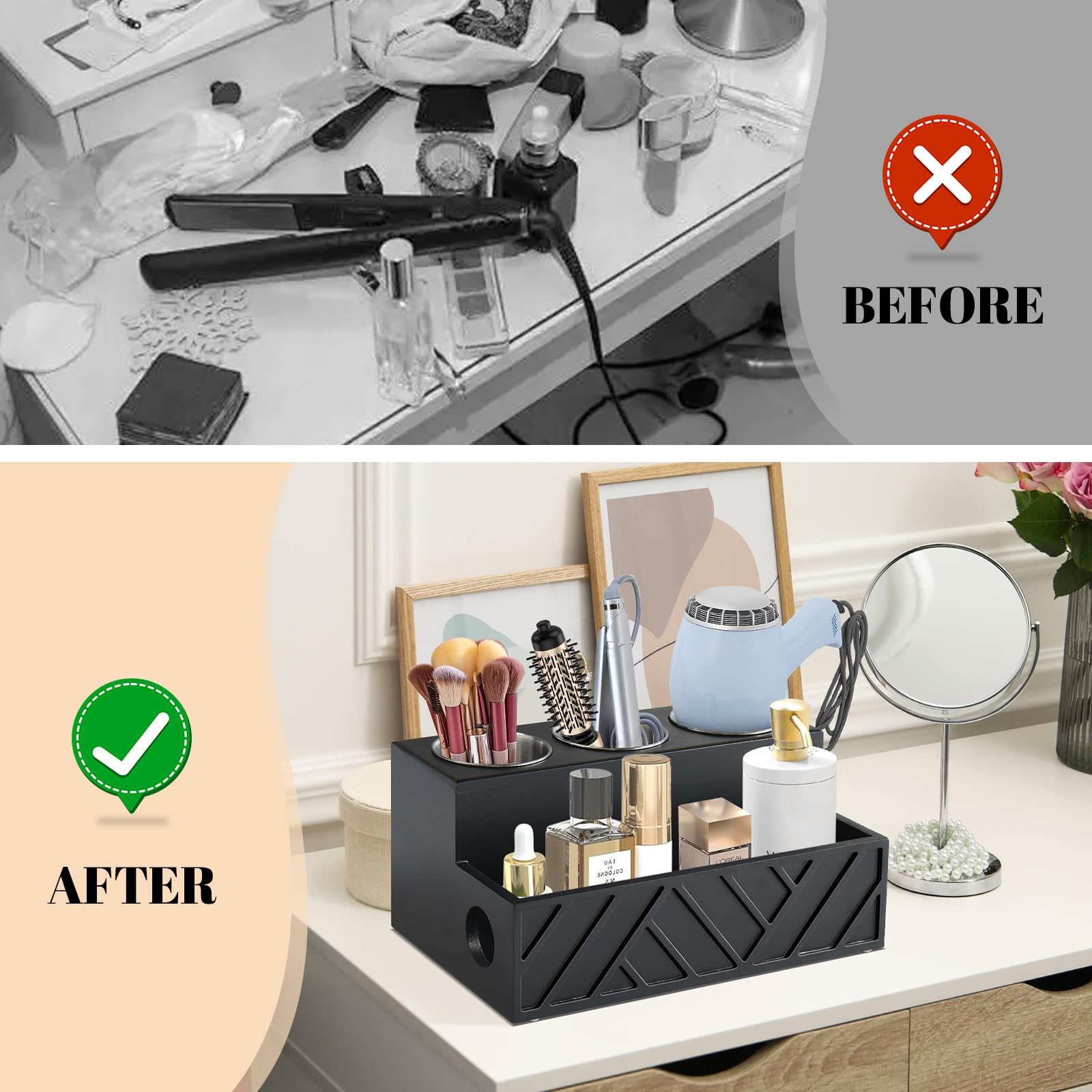 Unistyle Hair Dryer Holder & Organizer - Wooden Countertop Stand For Styling Tools, Bathroom Storage