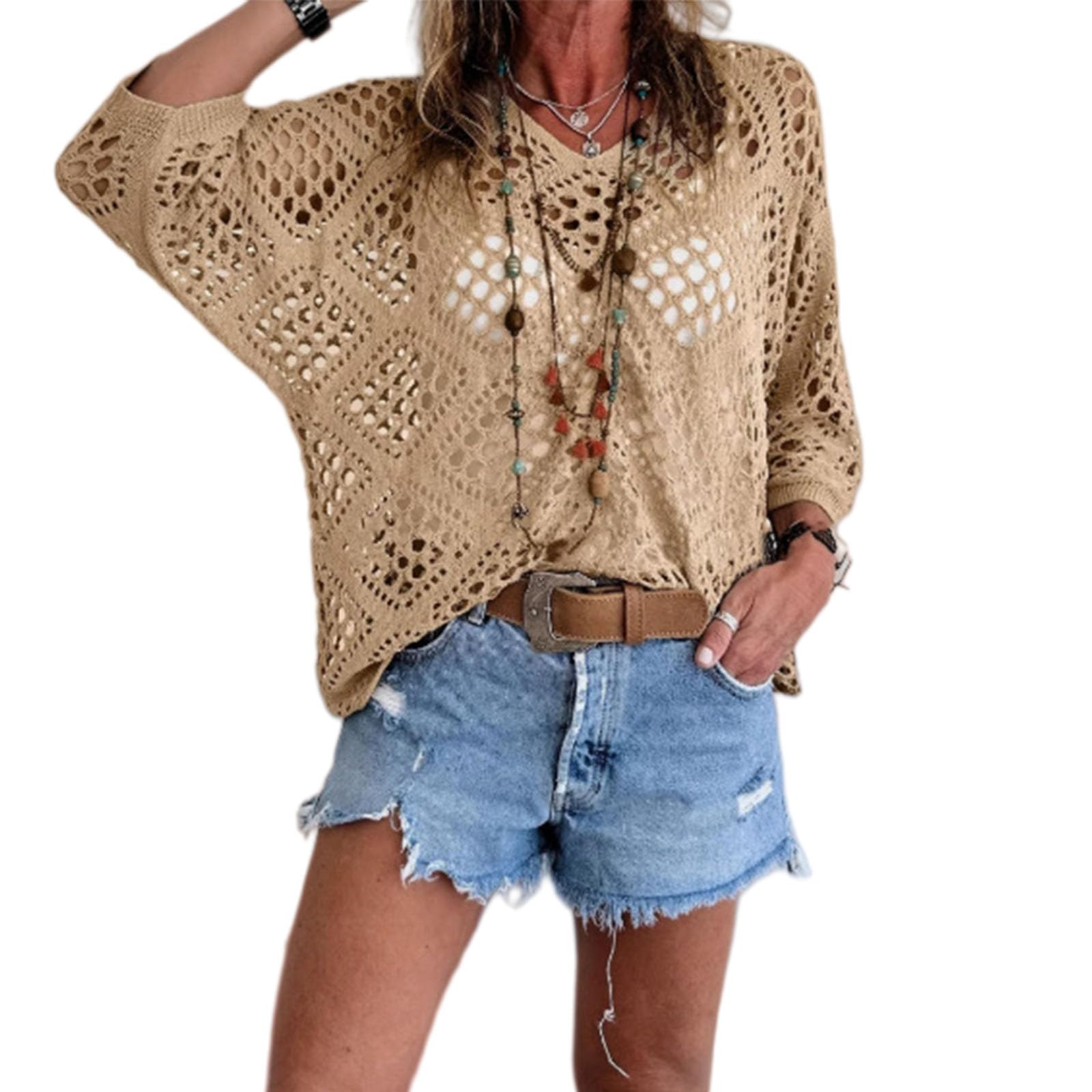 Olygee Women's Apricot V Neck Crochet Top 3/4 Sleeve Bohemian Hollow Out Beach Cover Up (,L)