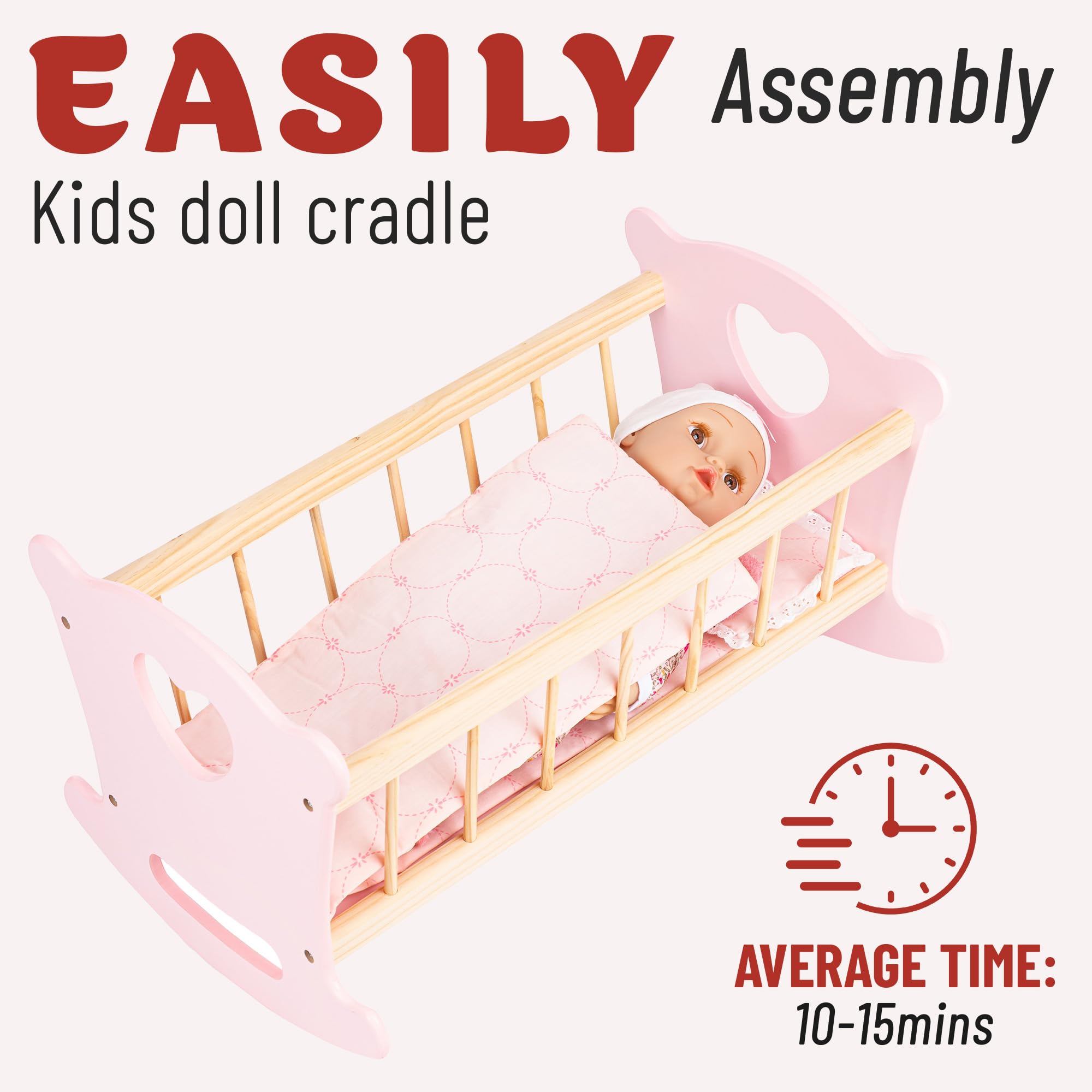 Kinderplay Łóżeczko dla Lalki, Kołyska dla lalki – Zestaw Kołyska plus Kołderka, Poduszeczka oraz Prześcieradło, dla laki o max. długości 49.5 cm., model GS2101
