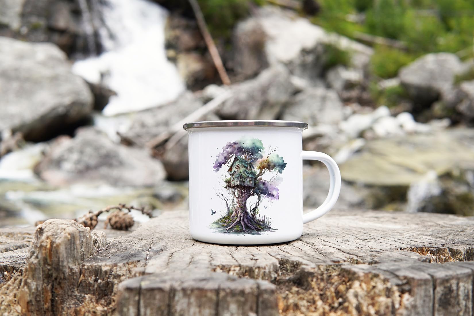 Tazza Da Campeggio Smaltata Vintage 350 Ml - Design Acquerello Mammoth, Leggera E Resistente, Per Caffè E Tè In Outdoor