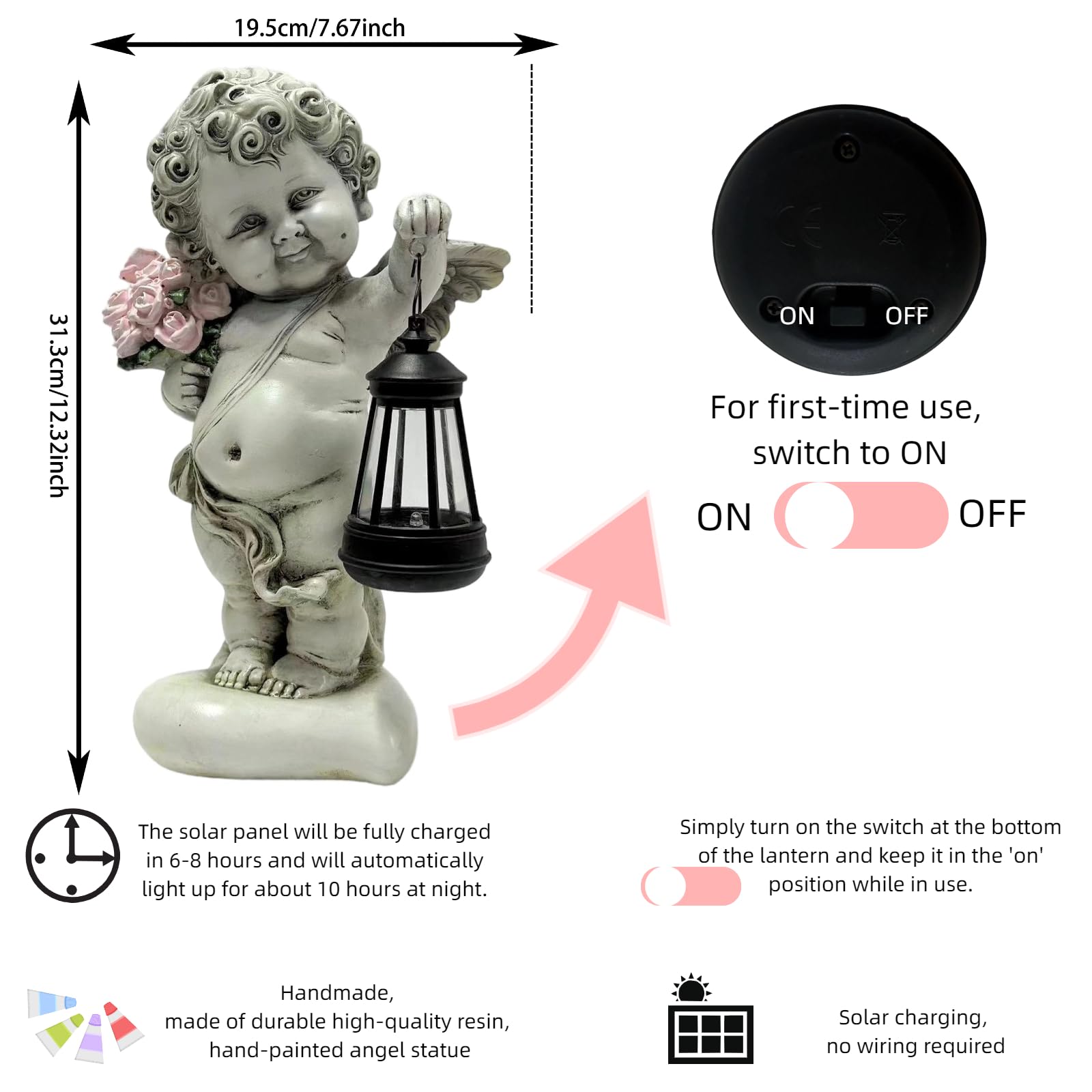 Estatua solar de ángel para exteriores con linterna, decoración de querubín de jardín de 12.32 pulgadas para patio, conmemorativo y vacaciones, regalo de Cupido para amantes, mamá, mujeres