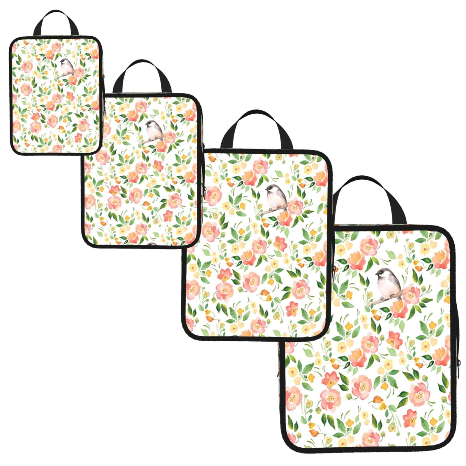 Flower and Bird Print 4 Set Compression Packing Cubes for Suitcases,Expandable Storage Bags Organizers