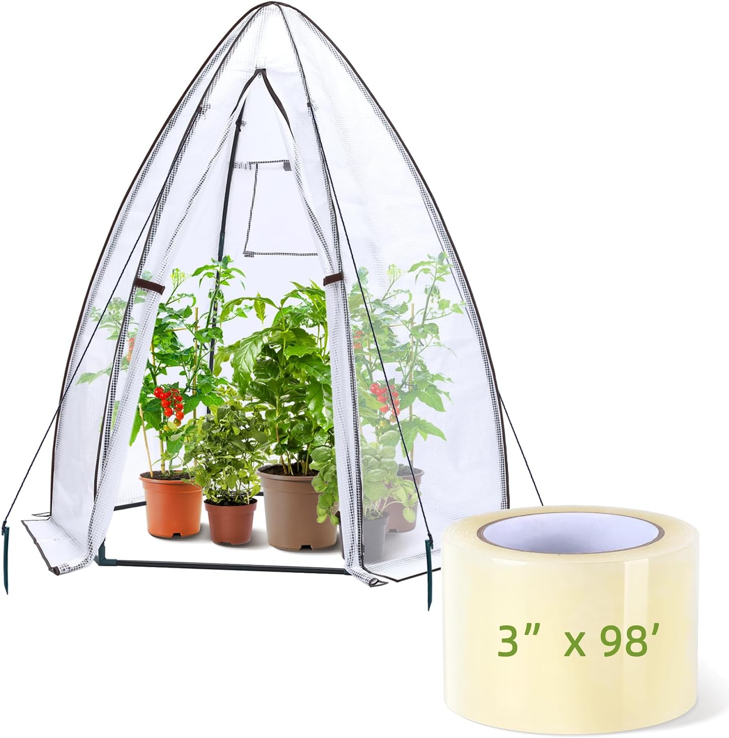 Ohuhu Portable Hexagonal Greenhouse with 3" x 98' Repair Tape, White PE Plastic Walk in Green House with Reinforced Clear Plastic Film Tape