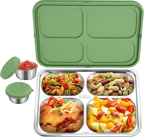 Caja Bento de acero inoxidable con 2 tazas de salsa, 4 compartimentos de alta calidad, lonchera de metal para niños o adultos (salvia)