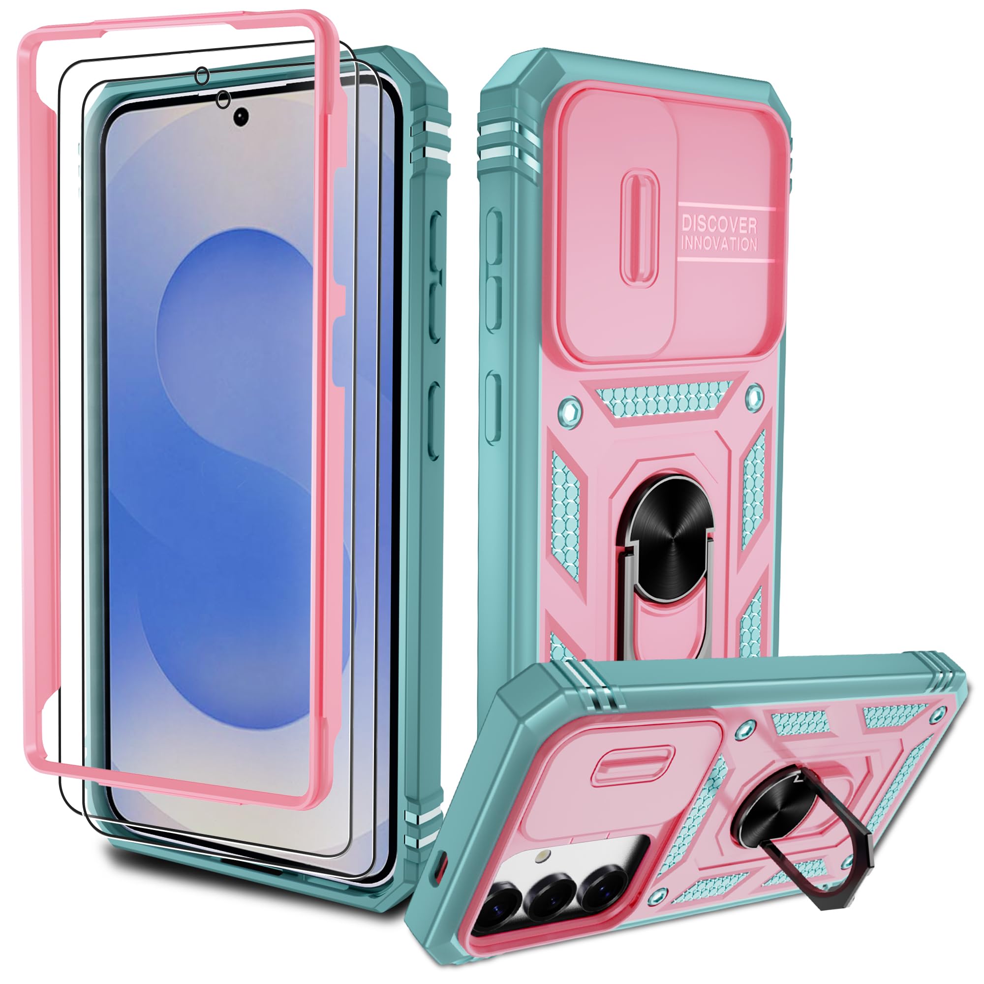 Pilaru Hülle für Samsung Galaxy S25 5G,Kameraschutz Handyhülle mit 2 Stück Schutzfolie,Militär Stoßfest Schutzhülle Outdoor Kratzfest Handy Hüllen für Samsung S25,Rose Grün