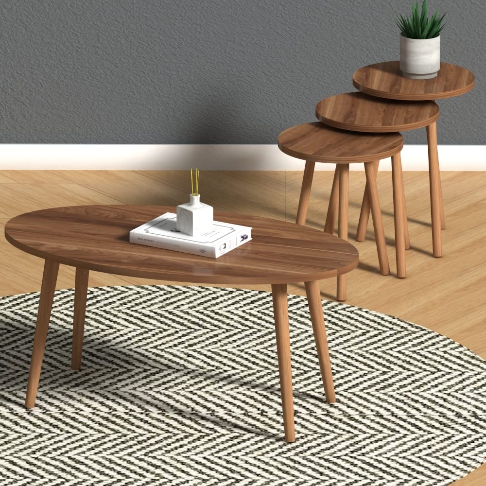 HC Home CanvasElips Made In Turkey Modern Coffee Table Centre Table For Living Room, Easy Assembly Wood Legs - Walnut, MT00240
