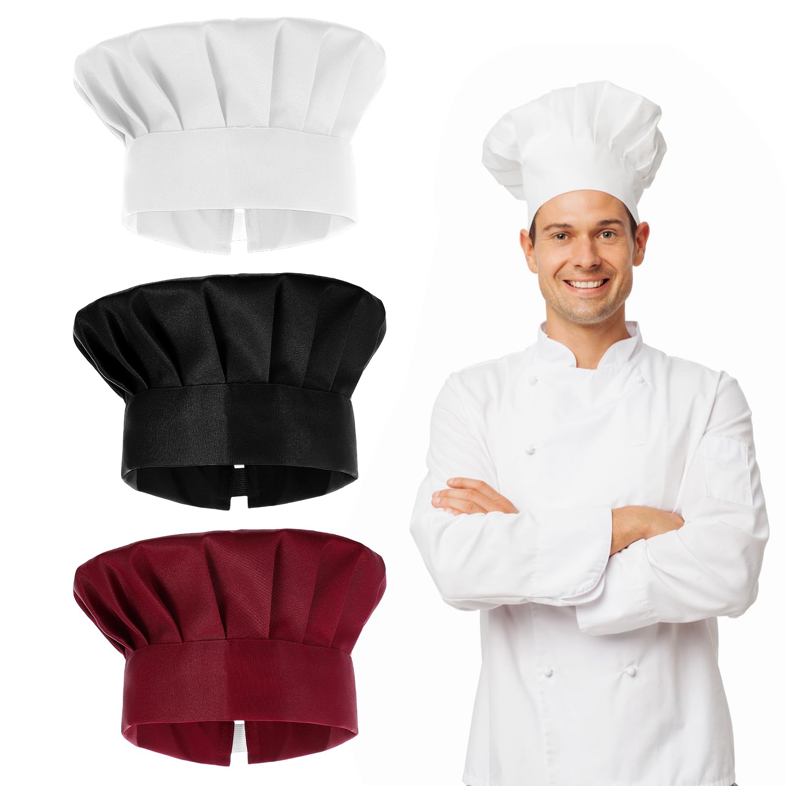 3-Pack Chef Hats for Men,Adjustable Elastic Chef Hats,Unisex 3 Color Chefs Hat for Men & Women, Perfect for Kitchen, Baking, Halloween & Christmas Parties