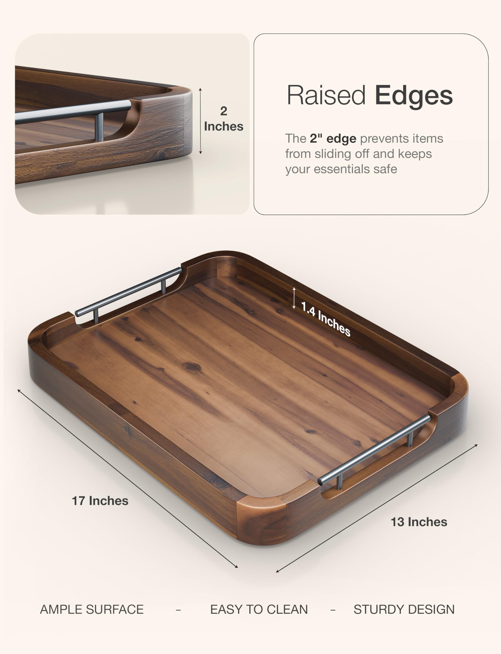 TIDITA Ottoman-Tablett für Wohnzimmer, rechteckiges Serviertablett mit Griffen, Tablett aus Akazienholz für Couchtisch, Wohnzimmer, Frühstück im Bett, dekorative Tabletts für Ottomane