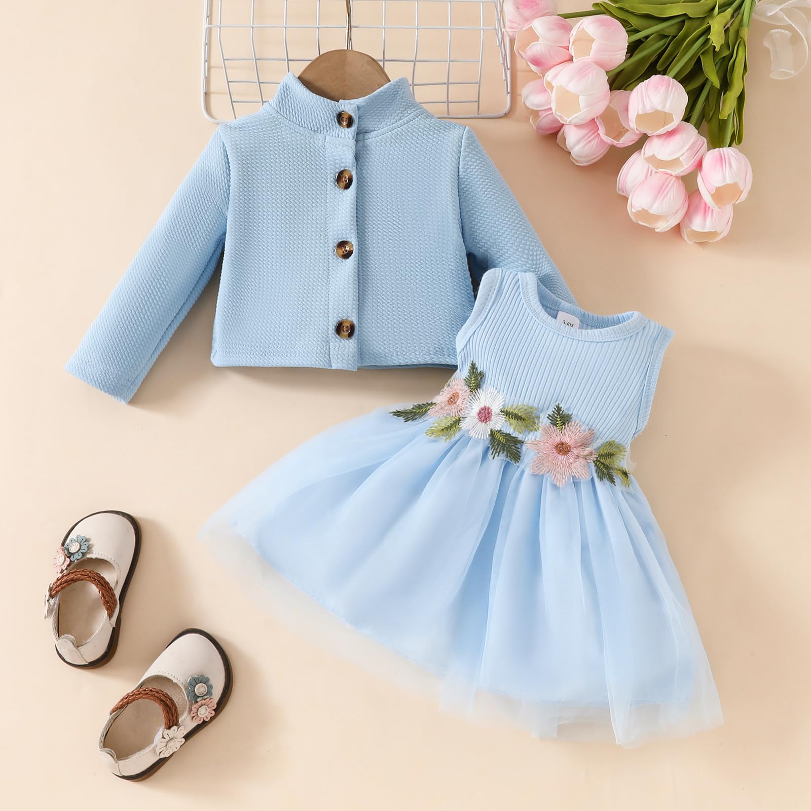 DivingBirds Baby Mädchen Kleid und Strickjacke 2pcs Set Floral Print Schmetterling Tüll Kleider Kleinkind Langarm Waffel Mantel Kleidung für Mädchen 3 Monate-3 Jahre