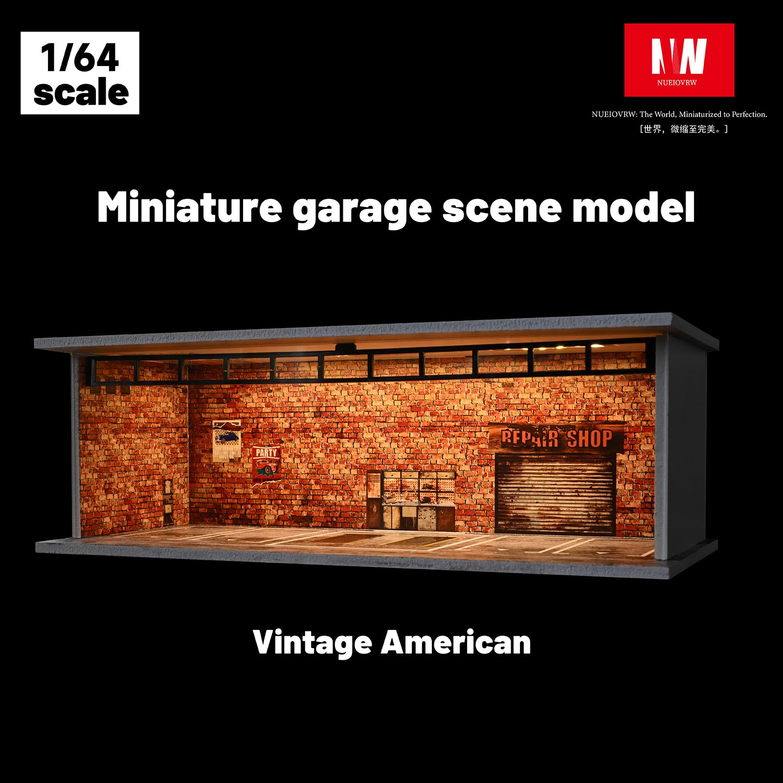 Diorama 1/64 modello auto garage, illuminazione a LED, vetrina per parcheggio, in mattoni rossi, modellini di auto pressofuso, kit modello diorama (garage vintage)