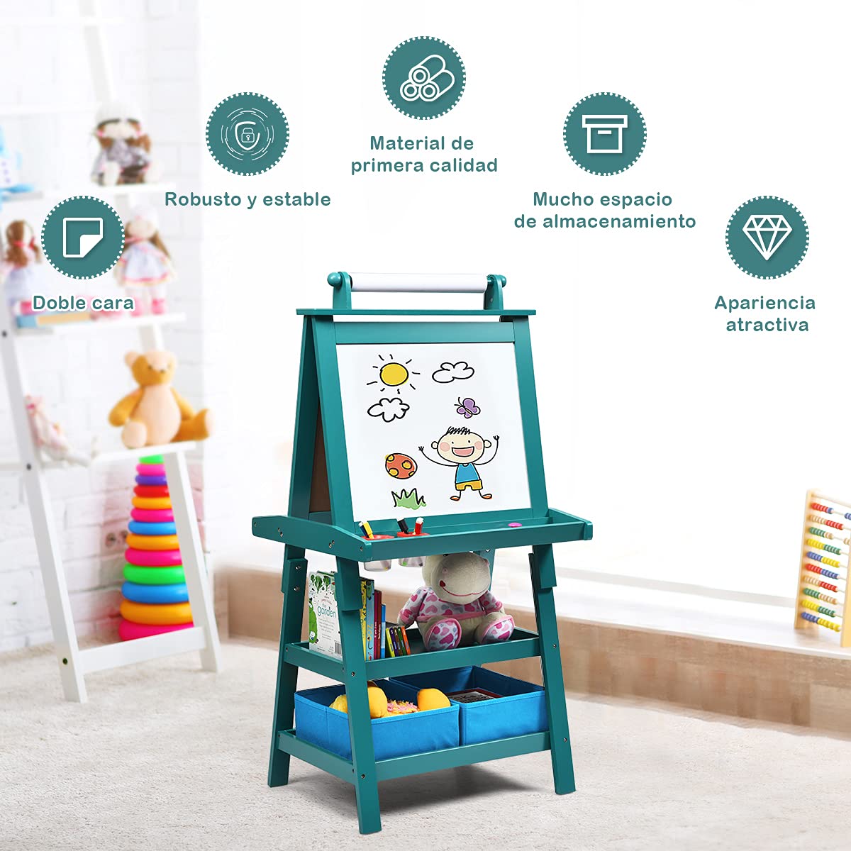 COSTWAY Pizarra de Doble Cara para Niño Caballete de Infantil Tablero de Pie con 2 Cajas de Almacenamiento,Rollo de Papel y Estantes (Azul)