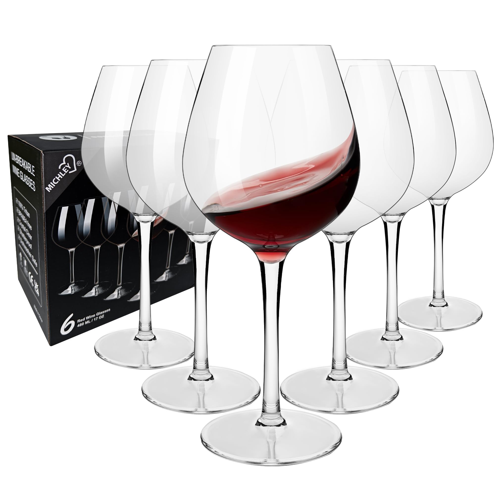 MICHLEY Lot de 6 verres à vin rouge incassables en plastique Tritan réutilisables pour l'intérieur et l'extérieur 500 ml