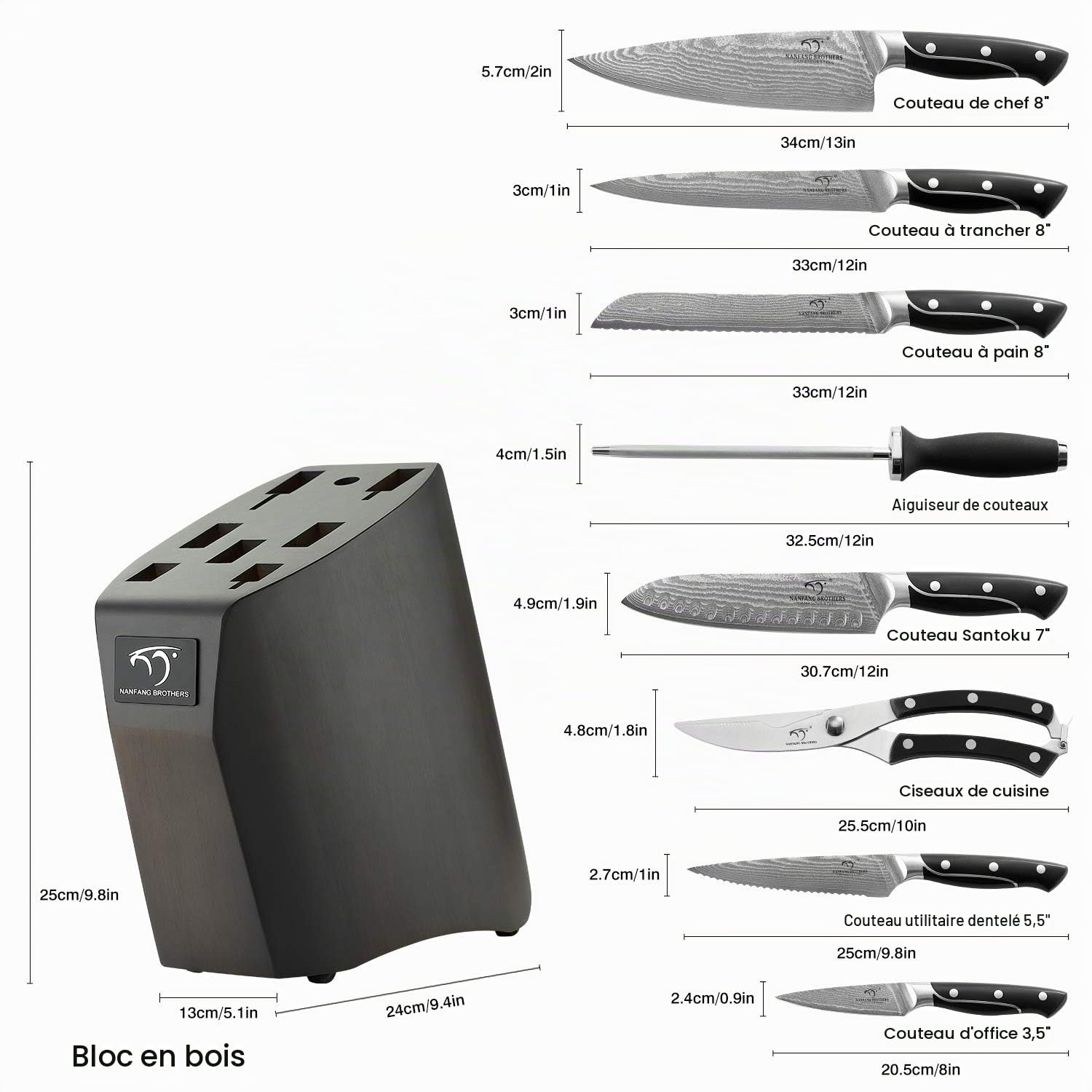 Couteau de Cuisines, Set Couteaux Acier Inoxydable Damas 9 Pieces, Bloc de Couteaux avec Couteau de Chef, Bloc en Bois, Lot de Couteaux Cuisine Professionnelle