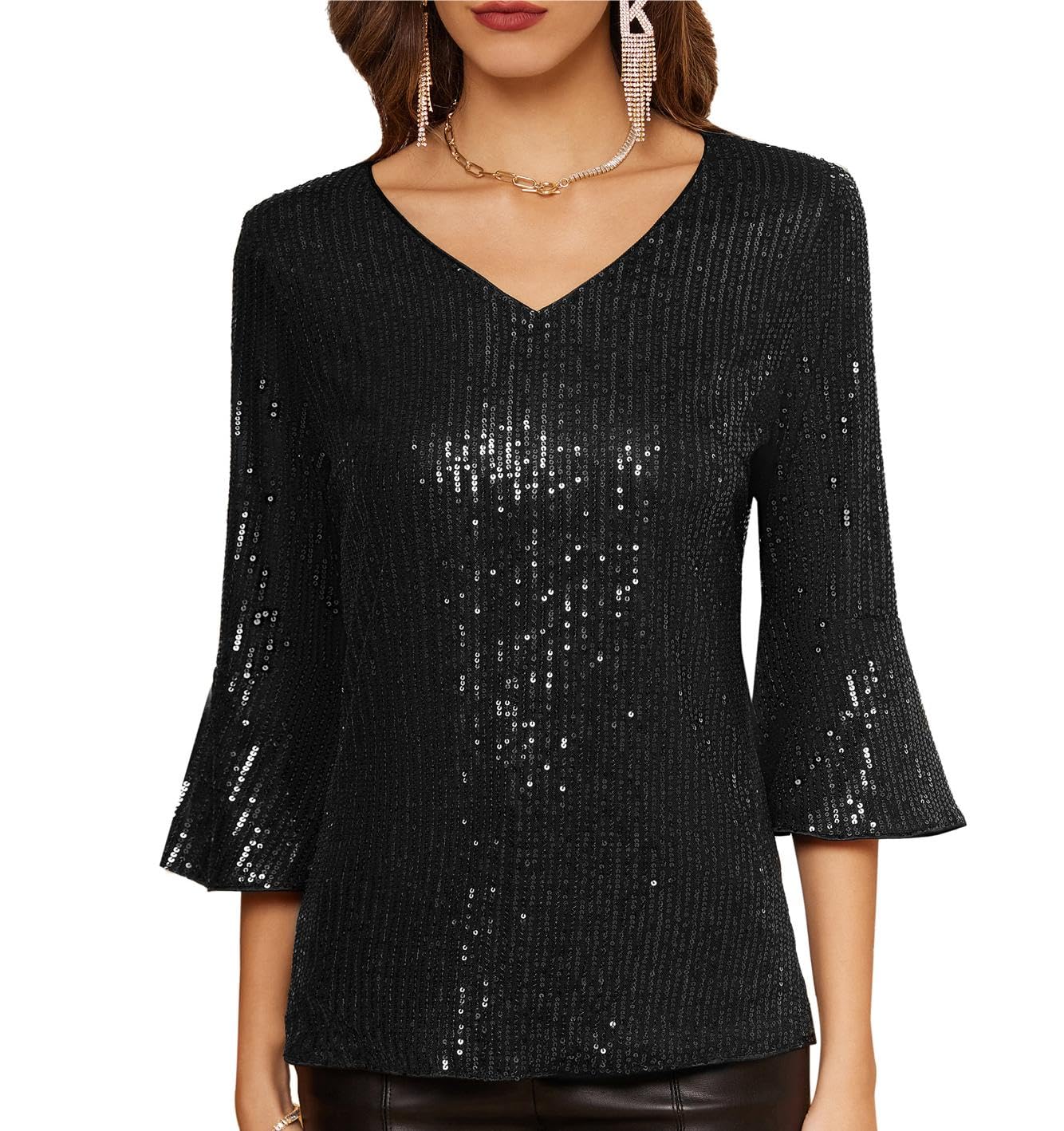 GRACE KARIN Women Long Sleeve Sequin Tank T Shirt Crew Neck Sparkle Glitter Blouse Top with Waist Belt