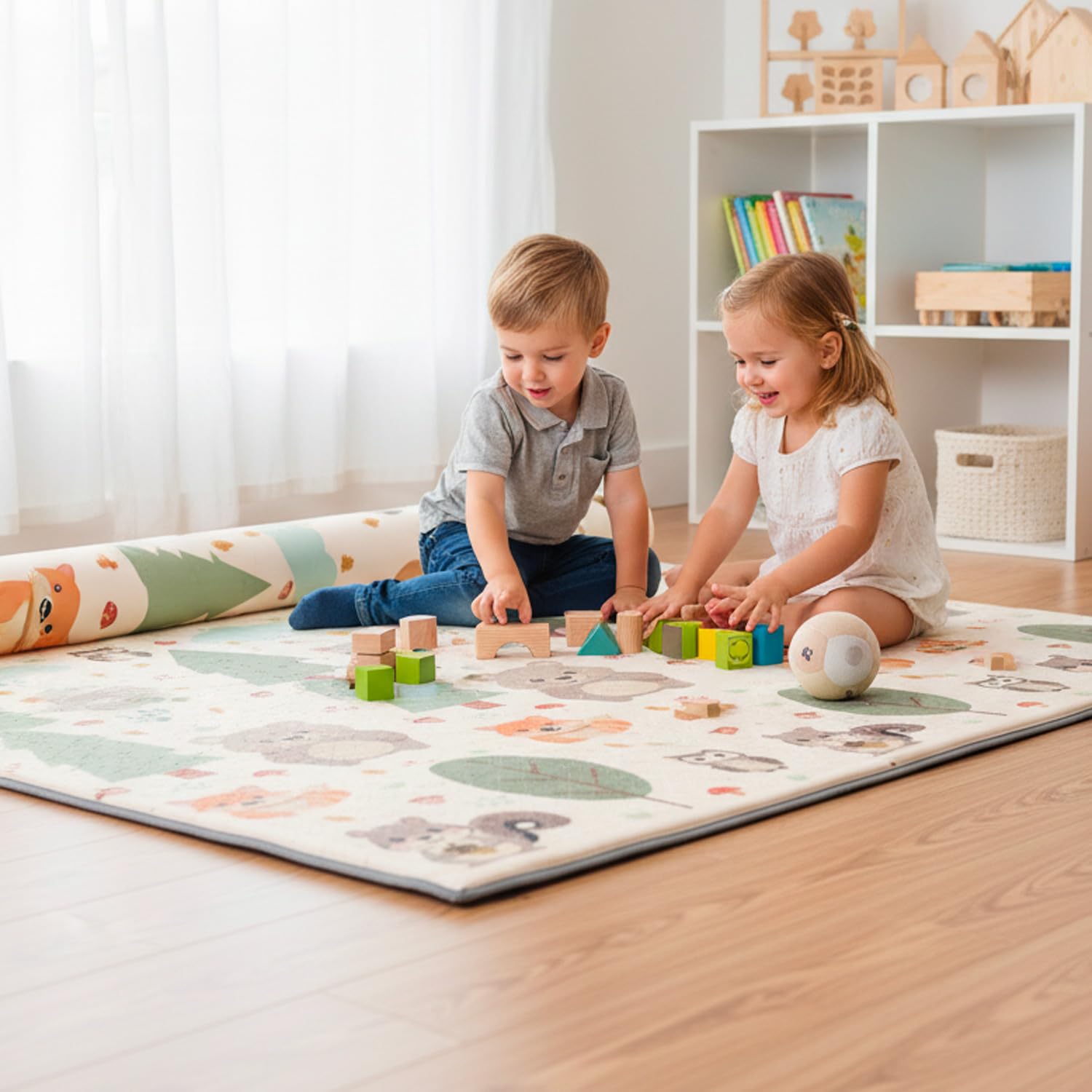 GIODICART Tappeto Gioco per Bambini, 200x150 cm, Spessore 10mm, Motivo Bosco con Animali, Arrotolabile