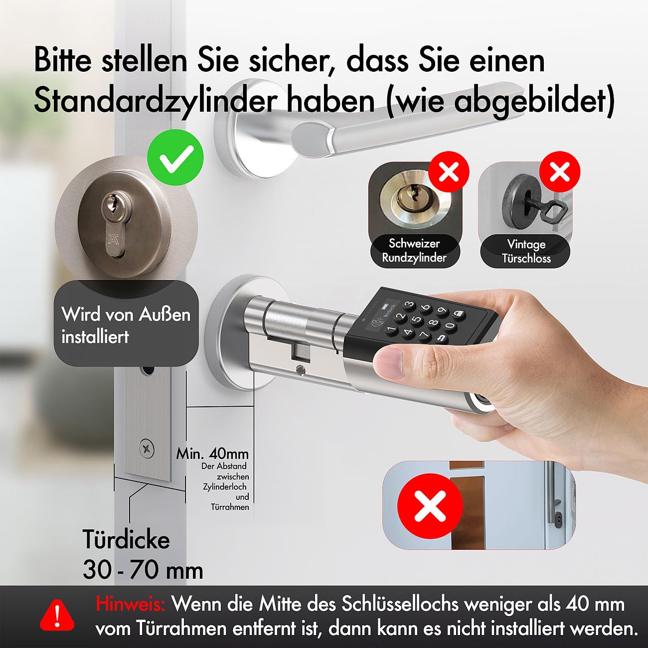 VisorTech Türzylinder: Elektronischer Schließzylinder für Türen 30-70 mm, Transponder, App (Türschlösser, Türschloss Code, ZigBee)