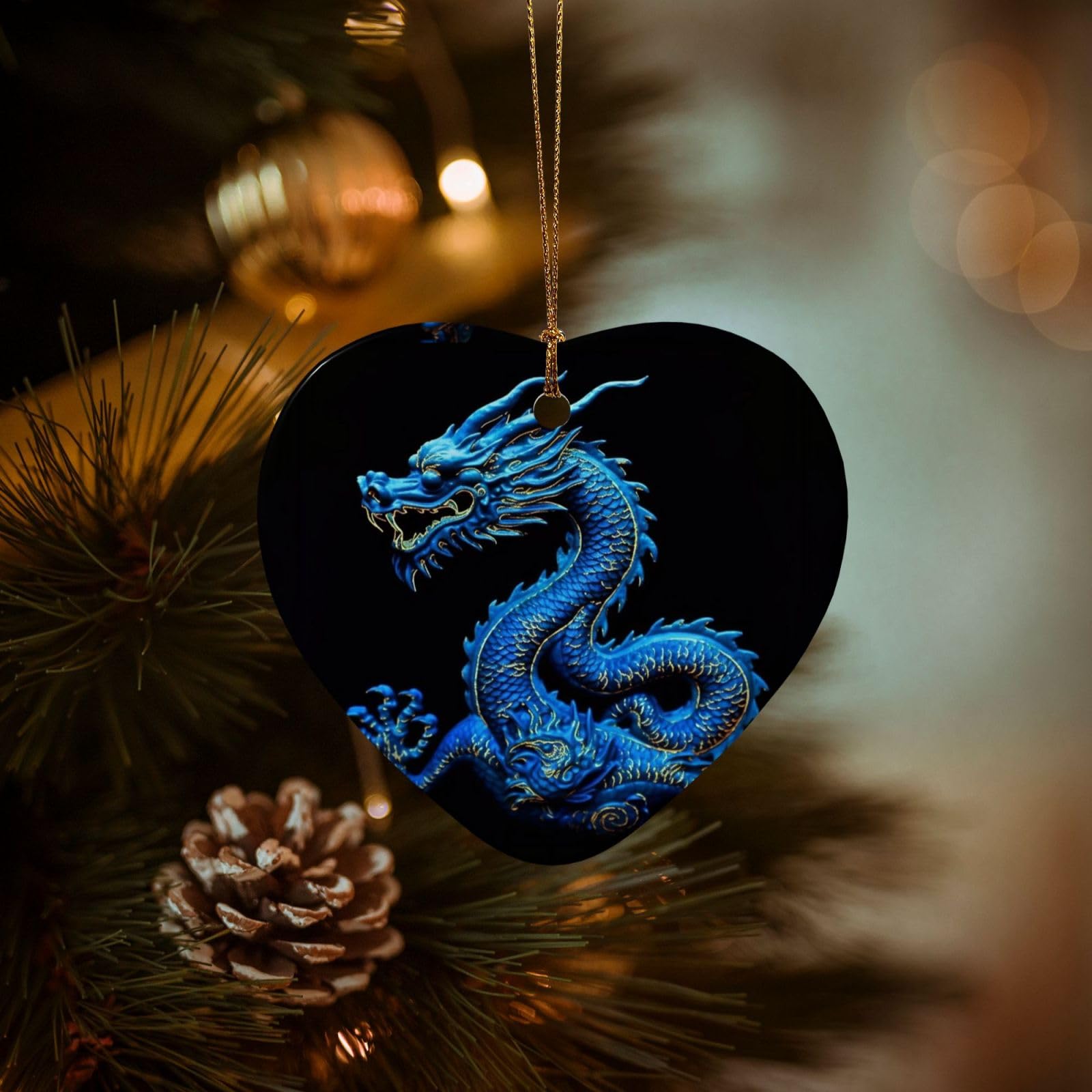 Christmas Ornaments for Christmas Tree Decoration Hanging Blue Chinese Dragon Ornament with Gold Ribbon Crafts Heart Shape Ceramic Pendant for Keepsake Gifts Xmas Decor Party Supplies