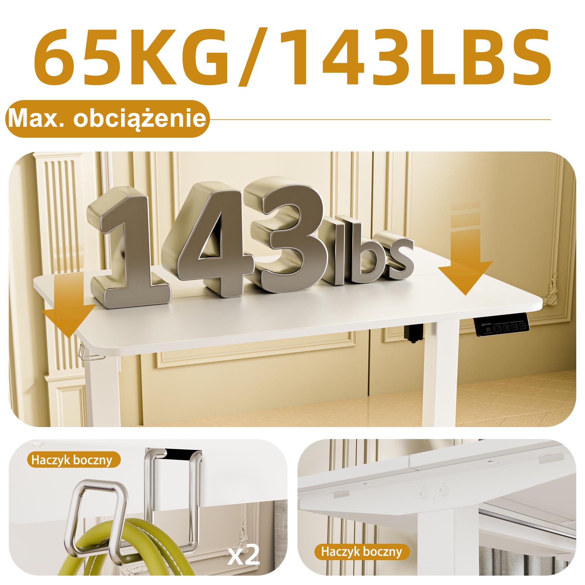 ERGOMAKER Elektryczne biurko z regulacją wysokości 90x60 cm z funkcją pamięci, ergonomiczne biurko stojące do domu i biura, Biały