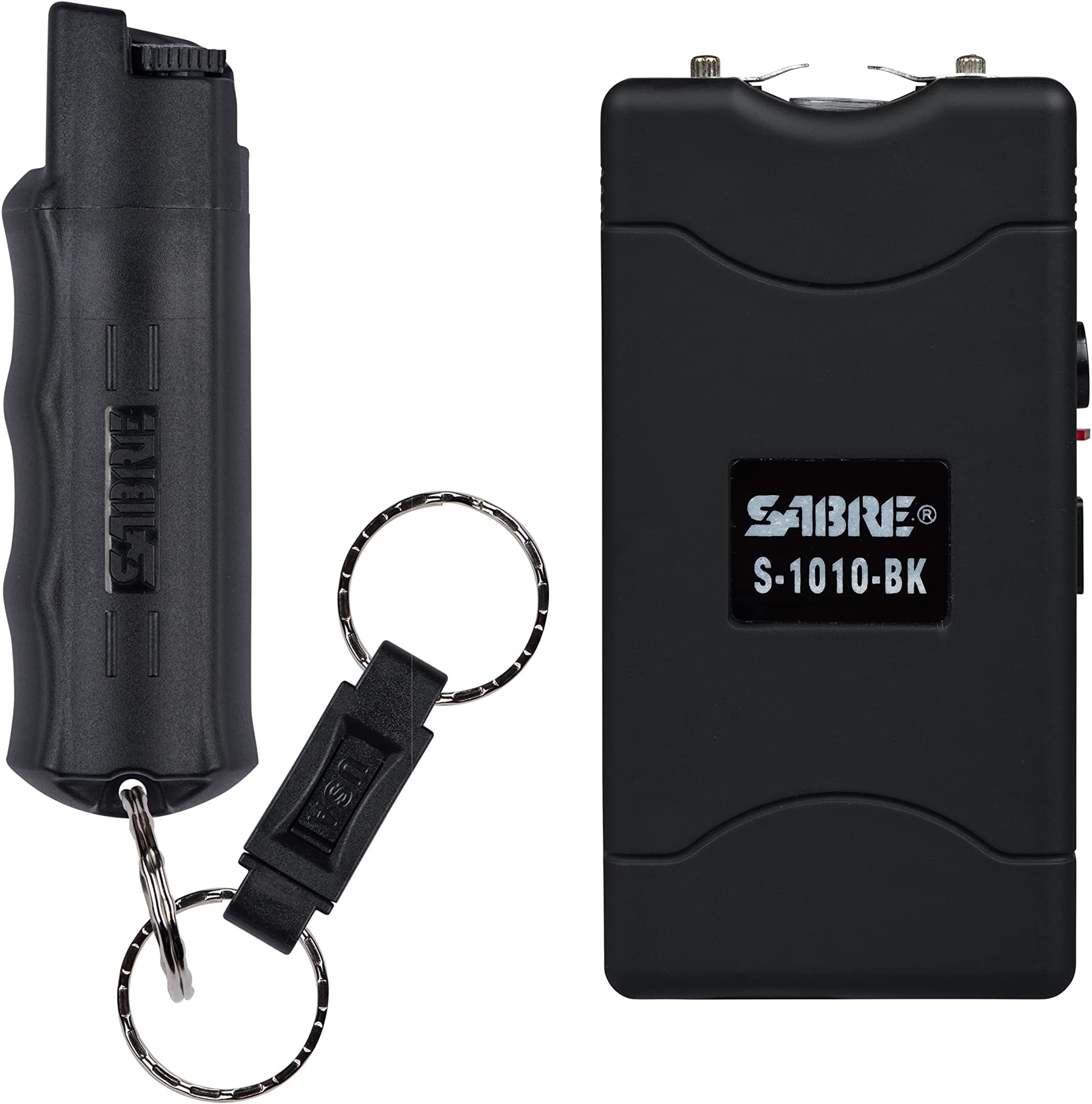 Pepper Spray And 2-in-1 Stun Gun and Flashlight, 25 Bursts of Max Strength OC Spray, Intuitive Finger Grip, 0.54 fl oz, Painful 1.160 µC Charge, 120 Lumens, Rechargeable, Safety Switch, Holster