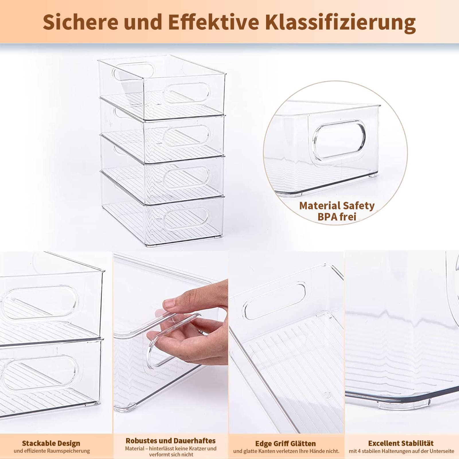 Kühlschrank Organizer 6er Set, Stapelbare Küche Aufbewahrungsbox & Organisation Gschublade Fridge Organizer Box, Kitchen BPA Frei Storage Ideal für Küchen, Kühlschrank, Schränke- BPA-frei