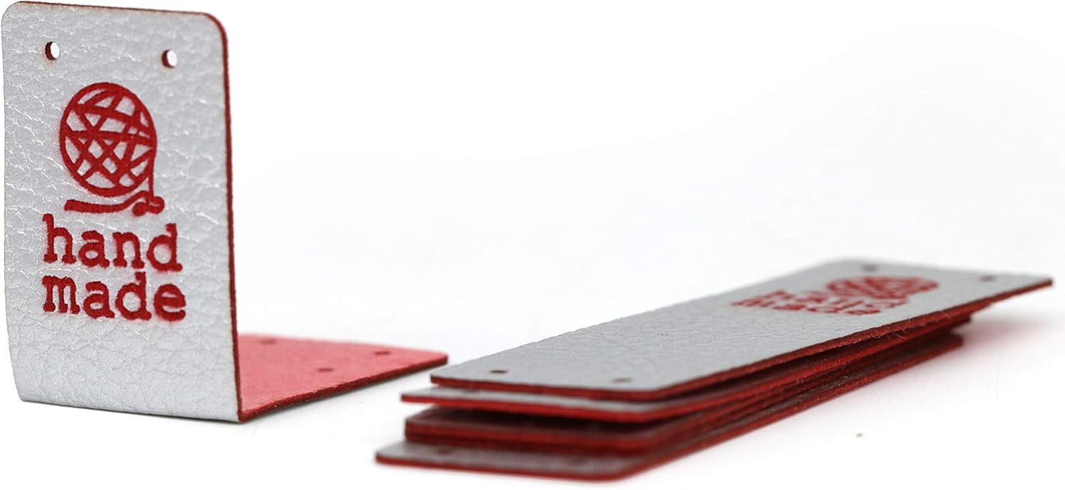Folding Personalized Leather Tags for Handmade- Red-Silver Mod HMD Yarn hand made PU Leather Labels for crochet items sewing and knitting Faux Leather Tags Leatherette (Customized Text - 15 pieces)