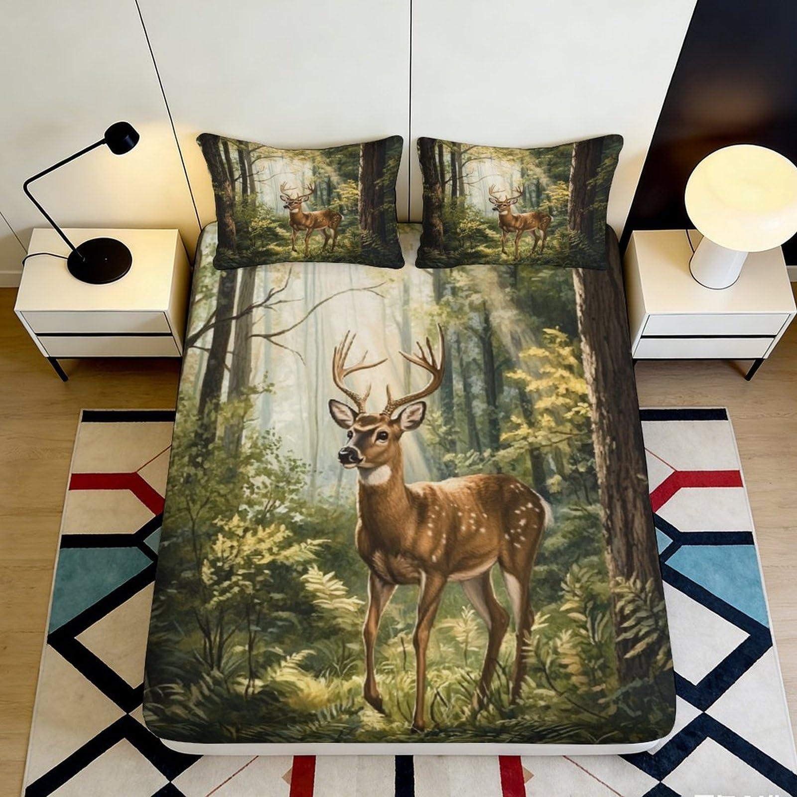 3D Printed Forest Deer Fitted Sheet Microfiber Soft Woodland Bed Sheet for Bedroom Guest Room Decor 90x200x25cm