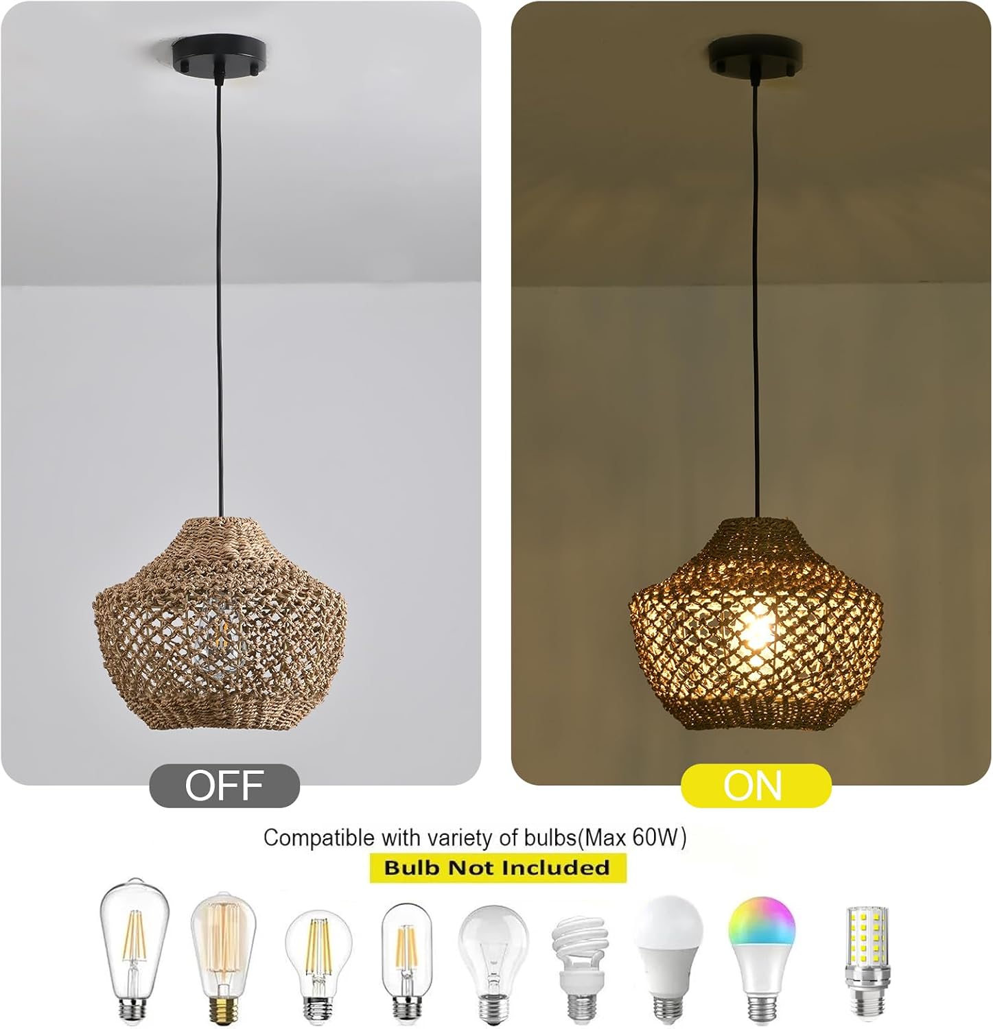 2-Pack Rattan Pendant Light Fixtures,11.81" Boho Pendant Light,Hand Woven Water Plants Rattan Chandelier for Workplace Occasions Restaurants Dining Living Bedroom Kitchen Farmhouse