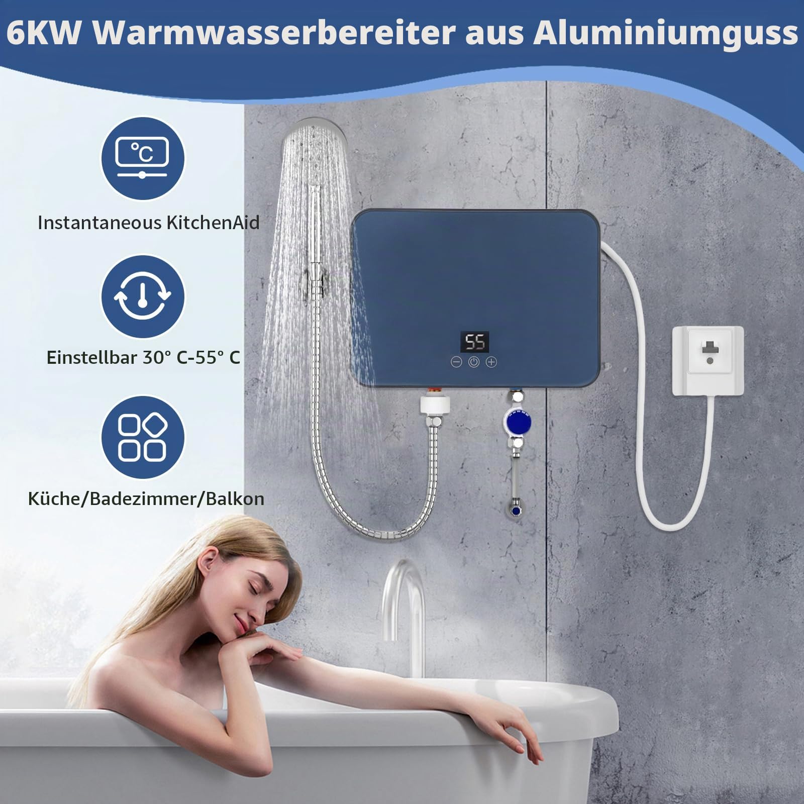 Mini Elektrische Durchlauferhitzer 220V 6000W Warmwasserbereiter mit LED Temperaturanzeige,Instant Durchlauferhitzer für Küche Bad (6kW)