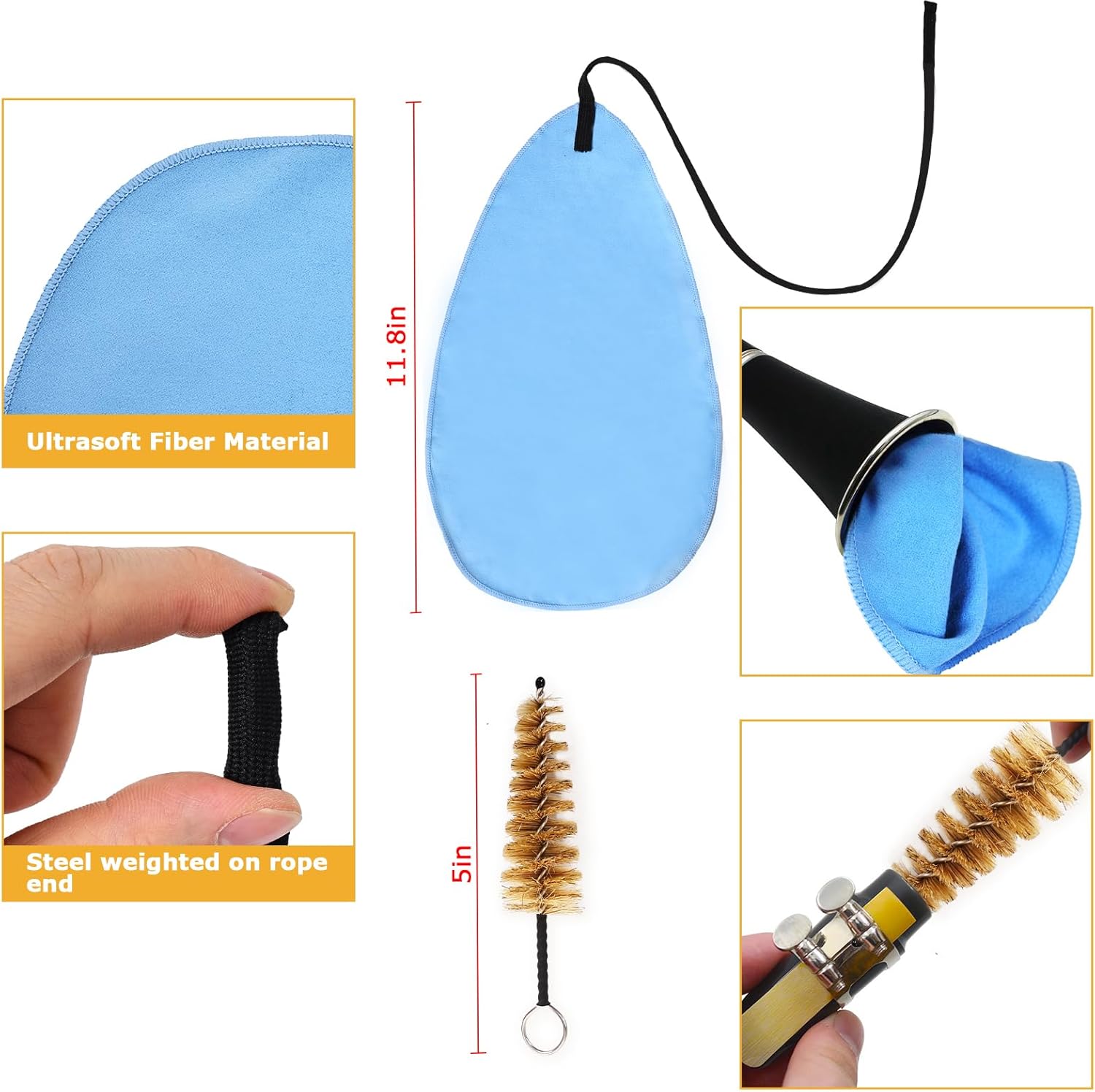 Clarinet Stand, Portable Flute Clarinet Stand with Flannel Bag,Clarinet Cleaning Cloth and Mouthpiece Brush, Foldable Flute Oboe Tripod Holder Stand Set, Combo 4Pack