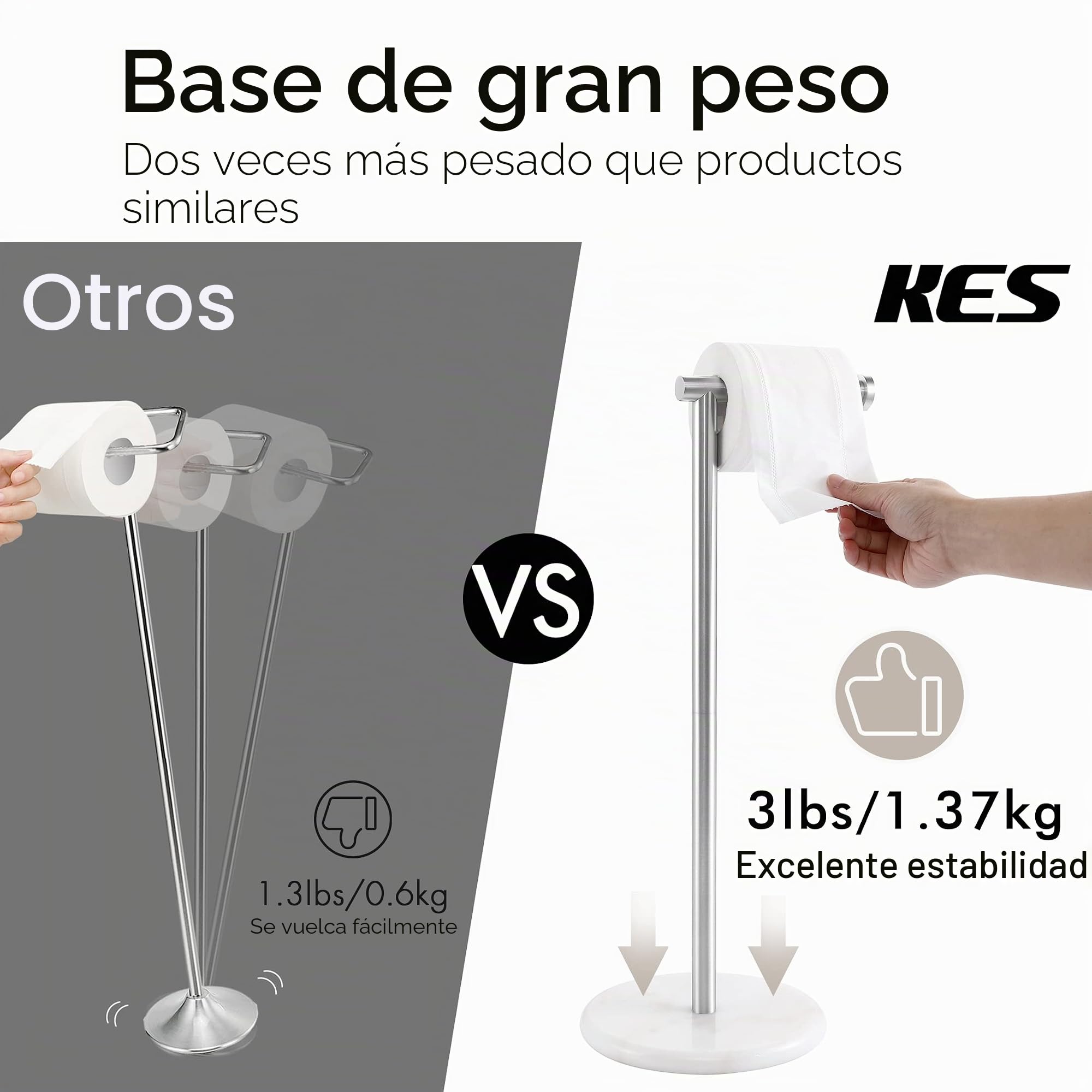 KES Portarollos Papel Higienico de Pie Portarrollos para Papel Higiénico con Base de Mármol Soporte de Papel Higienico Acero Inoxidable Acabado Cepillado, BPH284S1-2