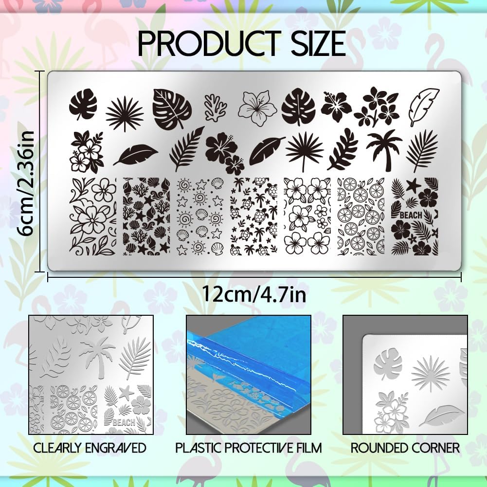 UNICRAFTALE 4Pcs Nail Stamping Plates Set Summer Beach Hawaii Nail Art Stamper Templates Stainless Steel Nail Stencil Kit with Stamp and Spacer for Home Salon Manicure Design Supplies Tools