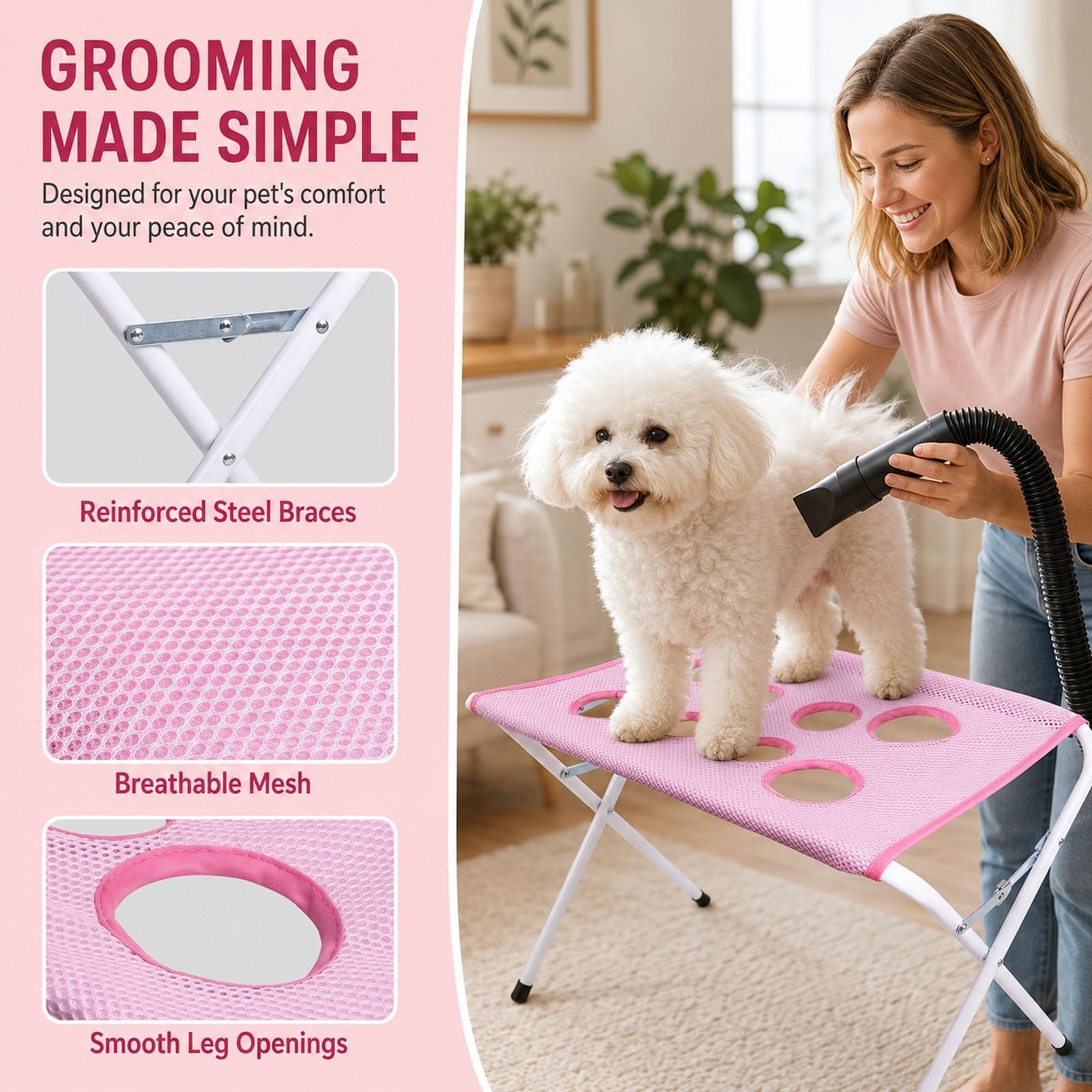 Table de Bain pour Chien Pliable, Station de Toilettage pour Animaux | Avec Surface En Filet Et Sangle De Sécurité, Support De Lavage Portable Pour Petits Et Moyens Chiens Et Chats(Pink)