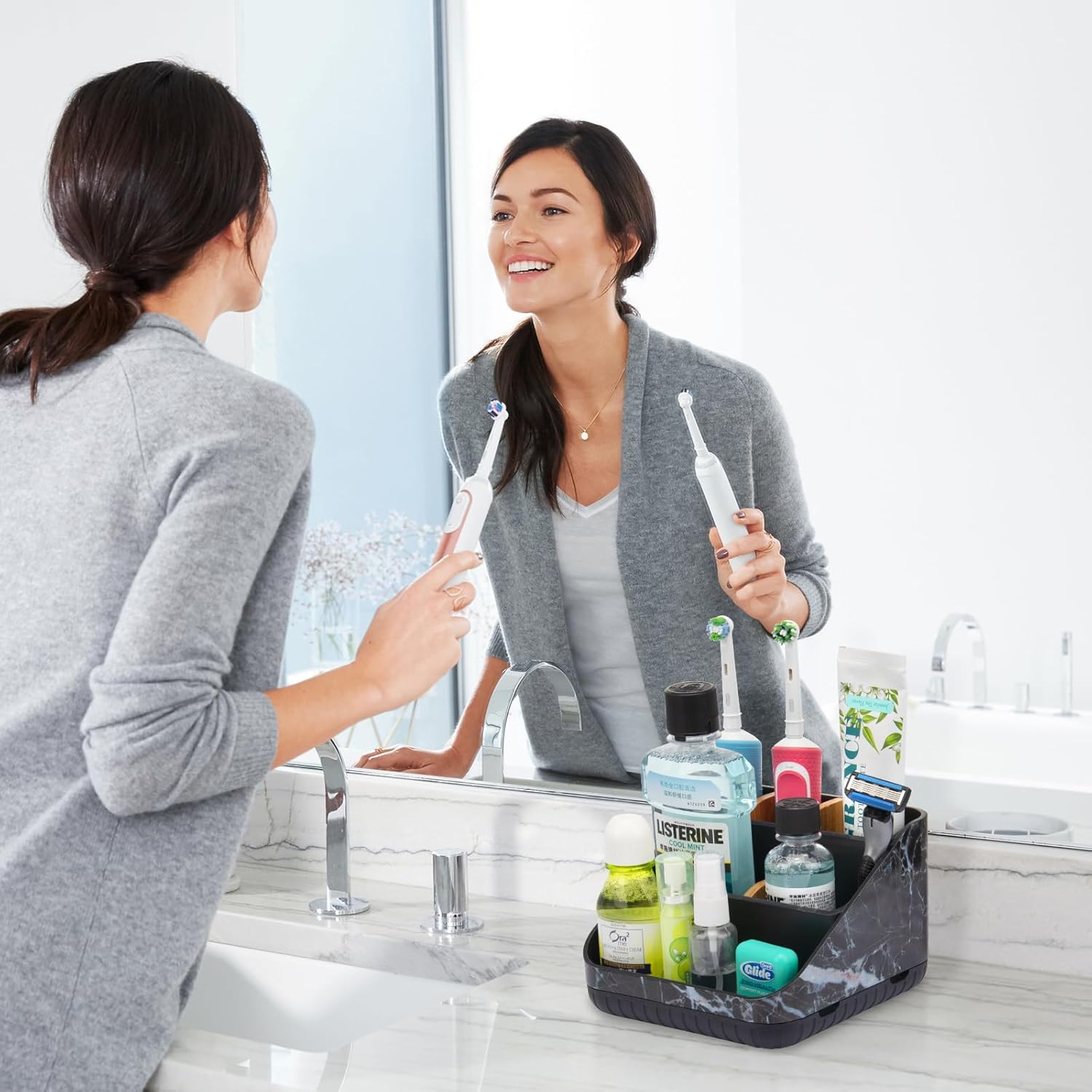 Bundle-2 Items: Bathrooms Countertop Organizer, Toothbrush and Toothpaste Holder, Marble