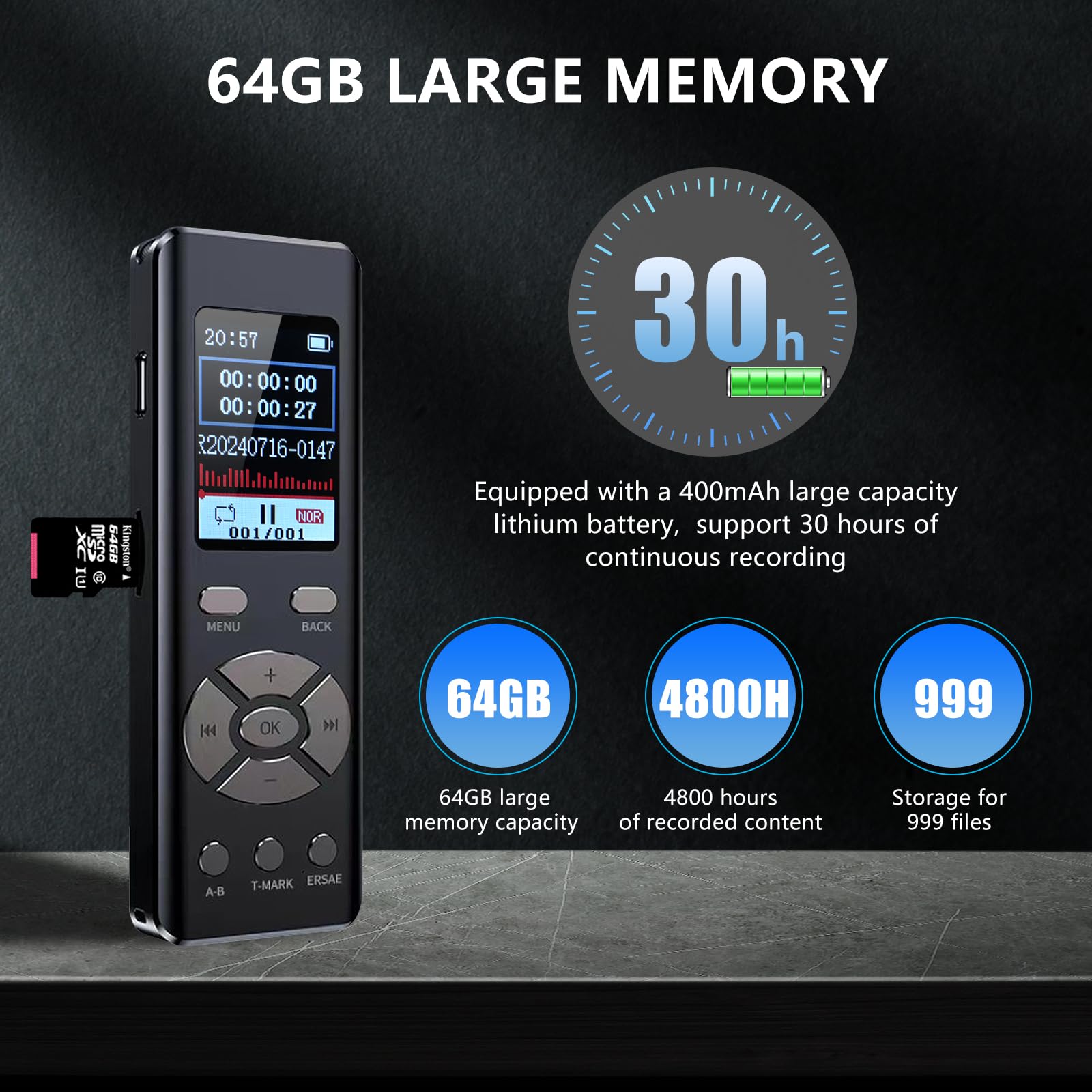 Dyktafon cyfrowy z odtwarzaczem MP3, 64 GB, na spotkania, wywiady i wykłady, odtwarzanie w pętli A-B, nagrywanie HD 1536 kbps